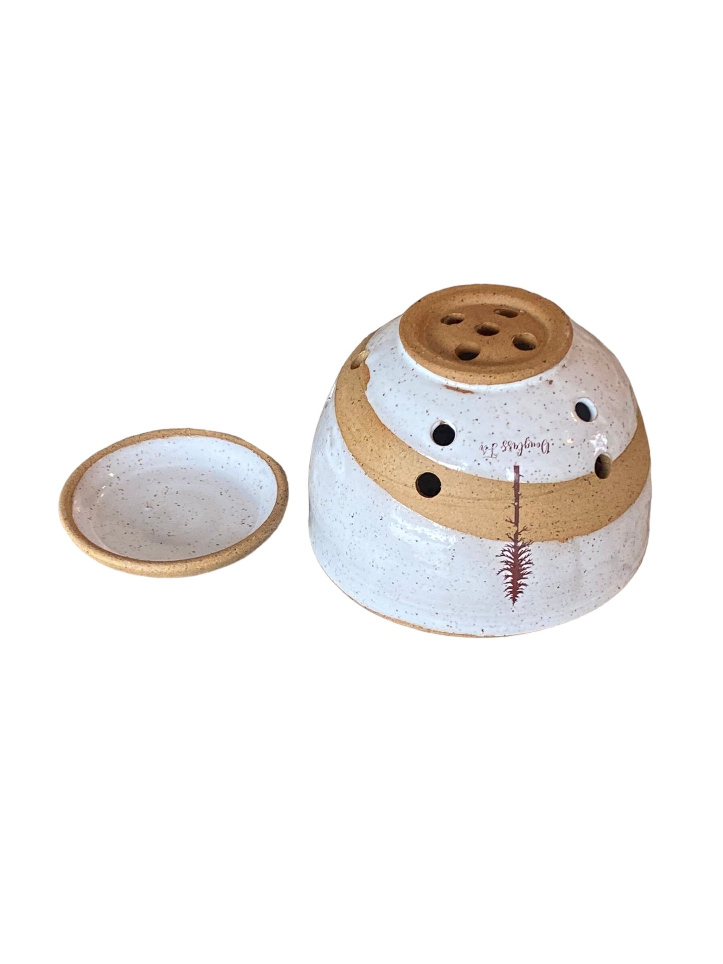 Artisan-Crafted Speckled White 4-Cup Capacity Berry Bowl - Douglass Fir Tree Art Adorns this Stylish and Functional Kitchen Essential