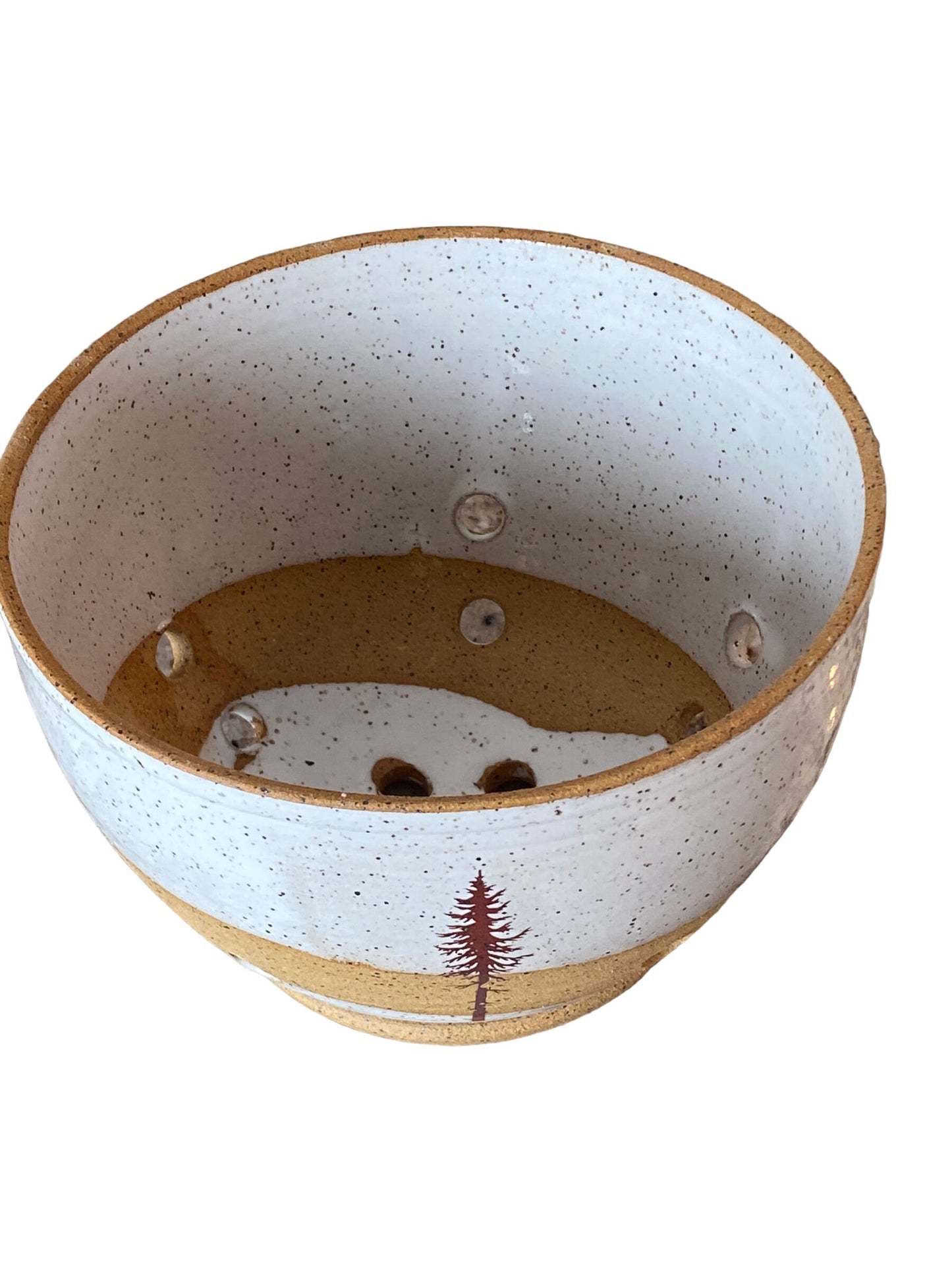 Artisan-Crafted Speckled White 4-Cup Capacity Berry Bowl - Douglass Fir Tree Art Adorns this Stylish and Functional Kitchen Essential