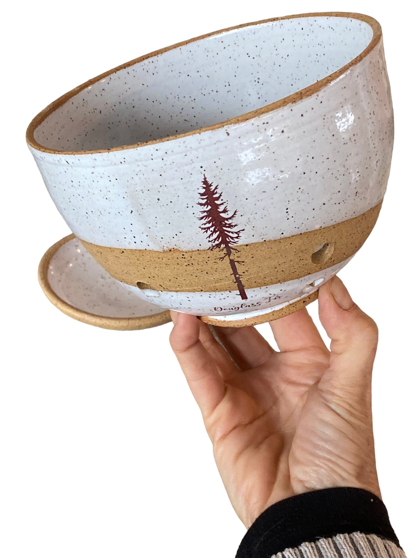 Artisan-Crafted Speckled White 4-Cup Capacity Berry Bowl - Douglass Fir Tree Art Adorns this Stylish and Functional Kitchen Essential