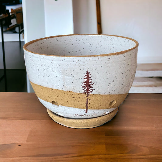 Artisan-Crafted Speckled White 4-Cup Capacity Berry Bowl - Douglass Fir Tree Art Adorns this Stylish and Functional Kitchen Essential