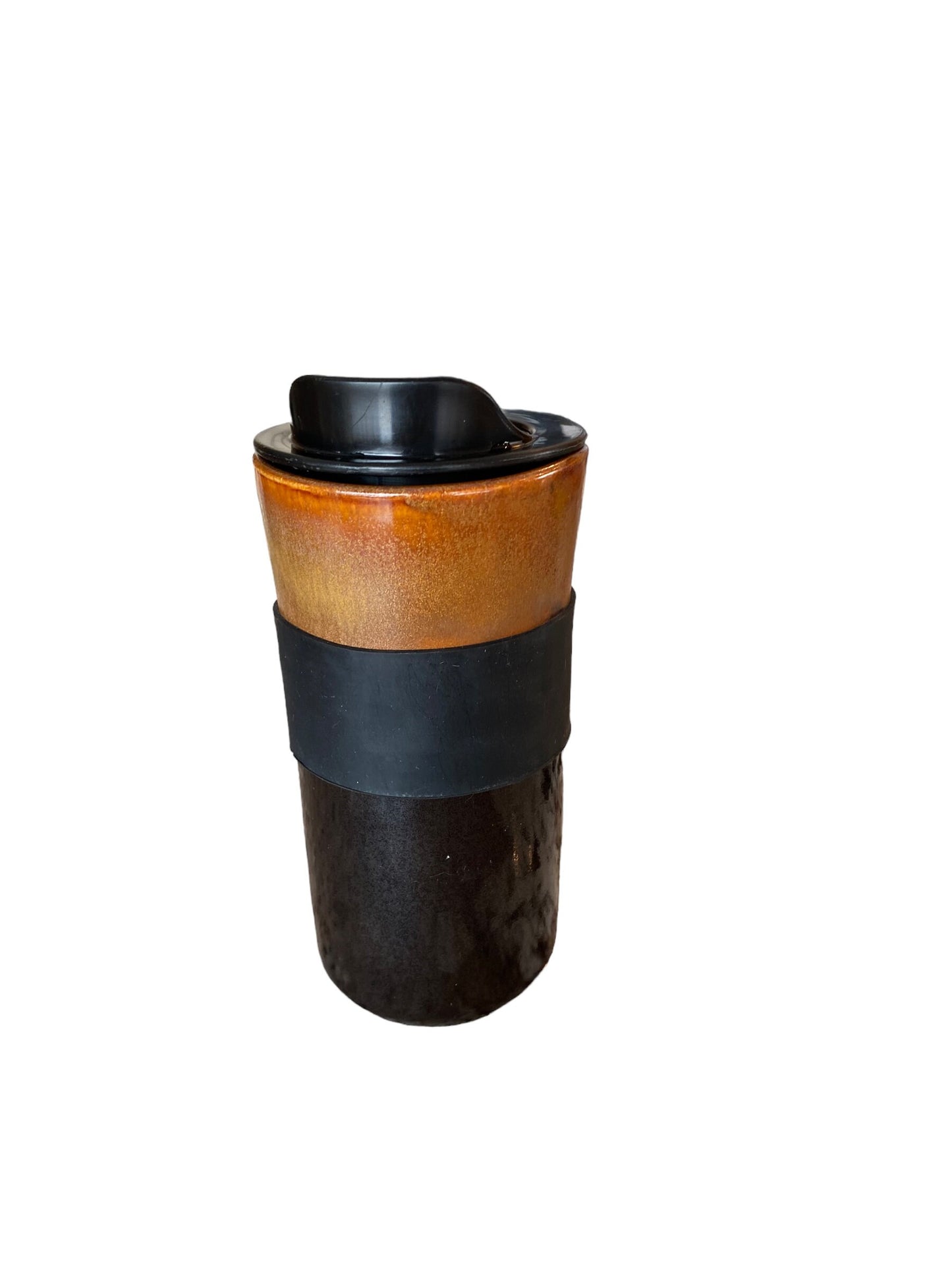 Handmade 16-Ounce Cinnamon and Black Travel Mug - Stylish Pottery with Locking Lid and Sleeve for Your On-the-Go Coffee Enjoyment
