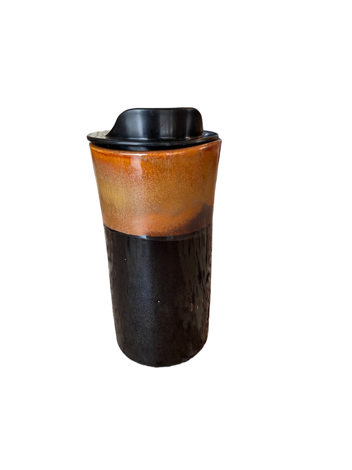 Handmade 16-Ounce Cinnamon and Black Travel Mug - Stylish Pottery with Locking Lid and Sleeve for Your On-the-Go Coffee Enjoyment