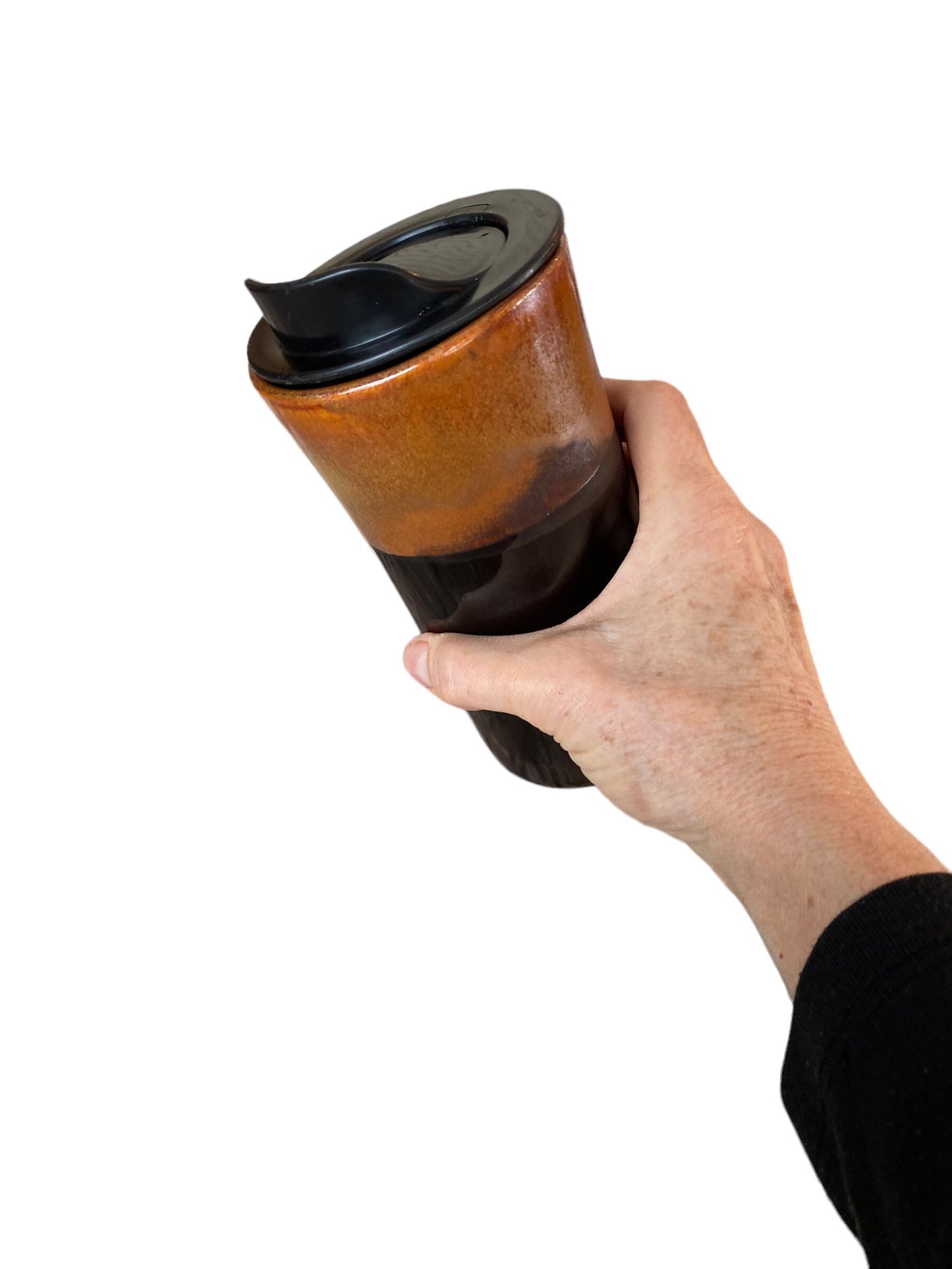 Handmade 16-Ounce Cinnamon and Black Travel Mug - Stylish Pottery with Locking Lid and Sleeve for Your On-the-Go Coffee Enjoyment