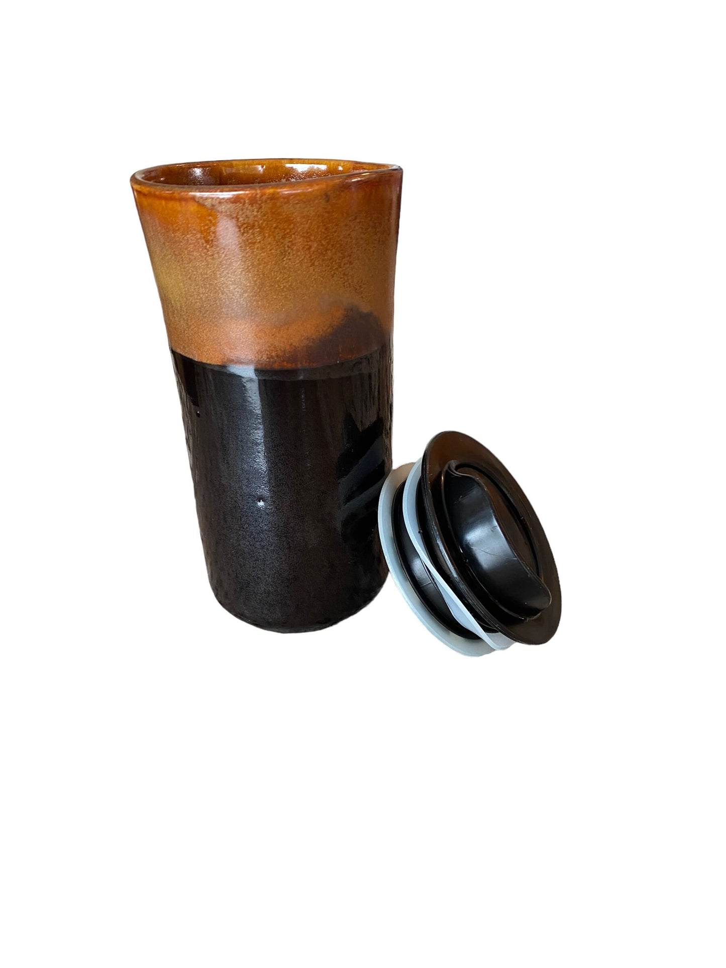 Handmade 16-Ounce Cinnamon and Black Travel Mug - Stylish Pottery with Locking Lid and Sleeve for Your On-the-Go Coffee Enjoyment