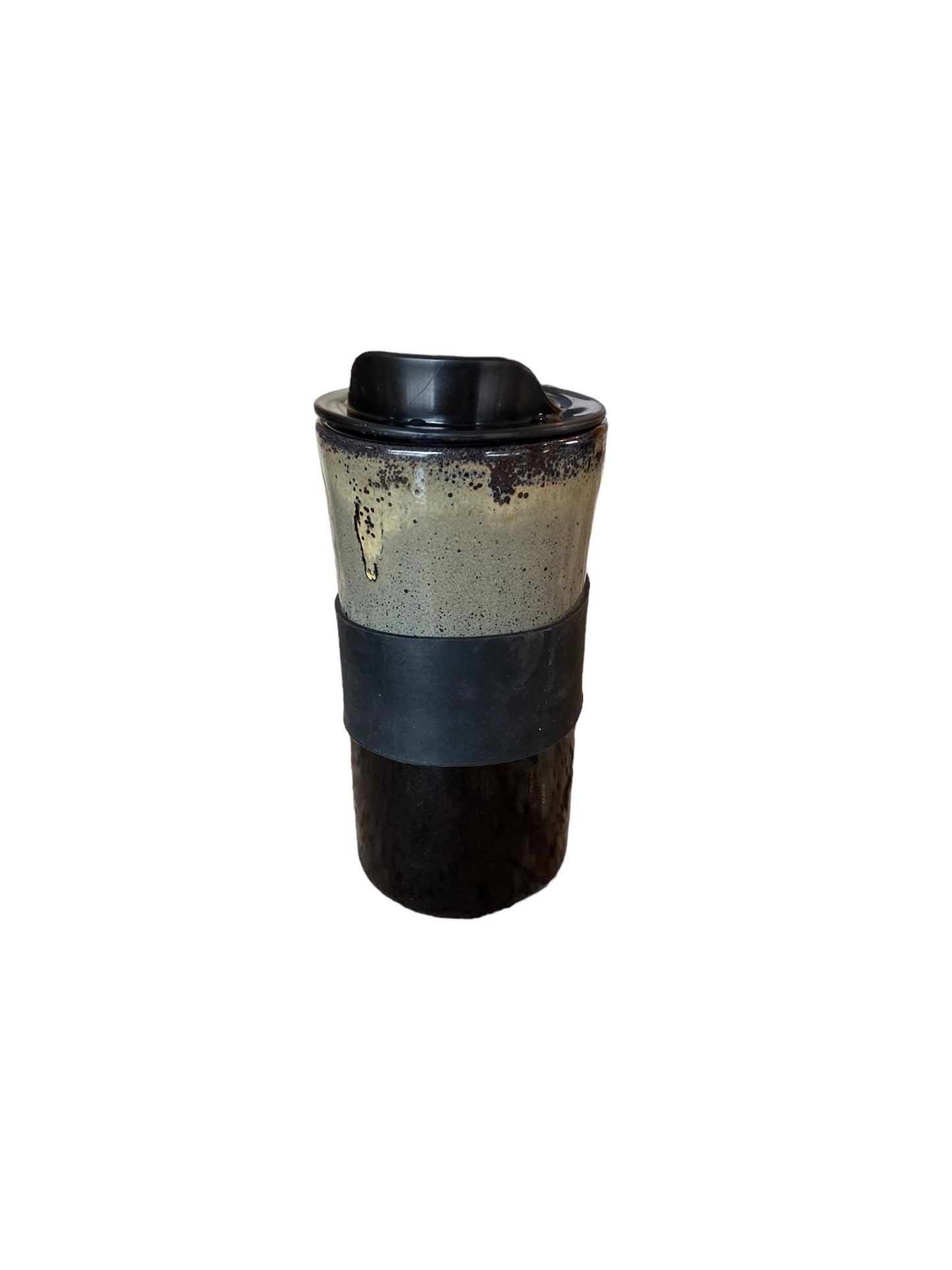 Handmade 16-Ounce Reactive Gray and Black Glaze Travel Mug - Stylish Pottery with Sleeve for Your On-the-Go Coffee Delight