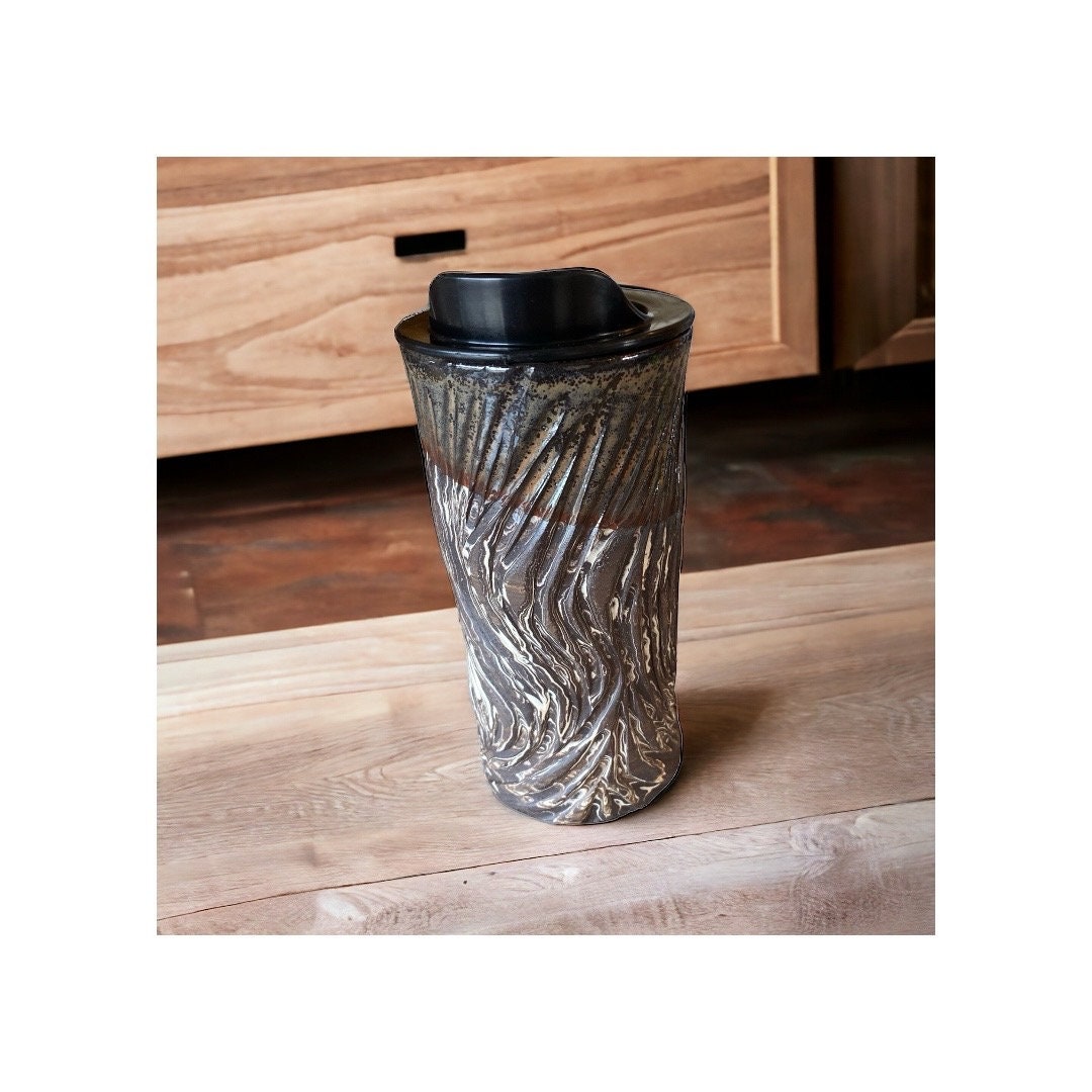 Handmade Agateware Travel Mug: Carved Pottery Coffee Cup