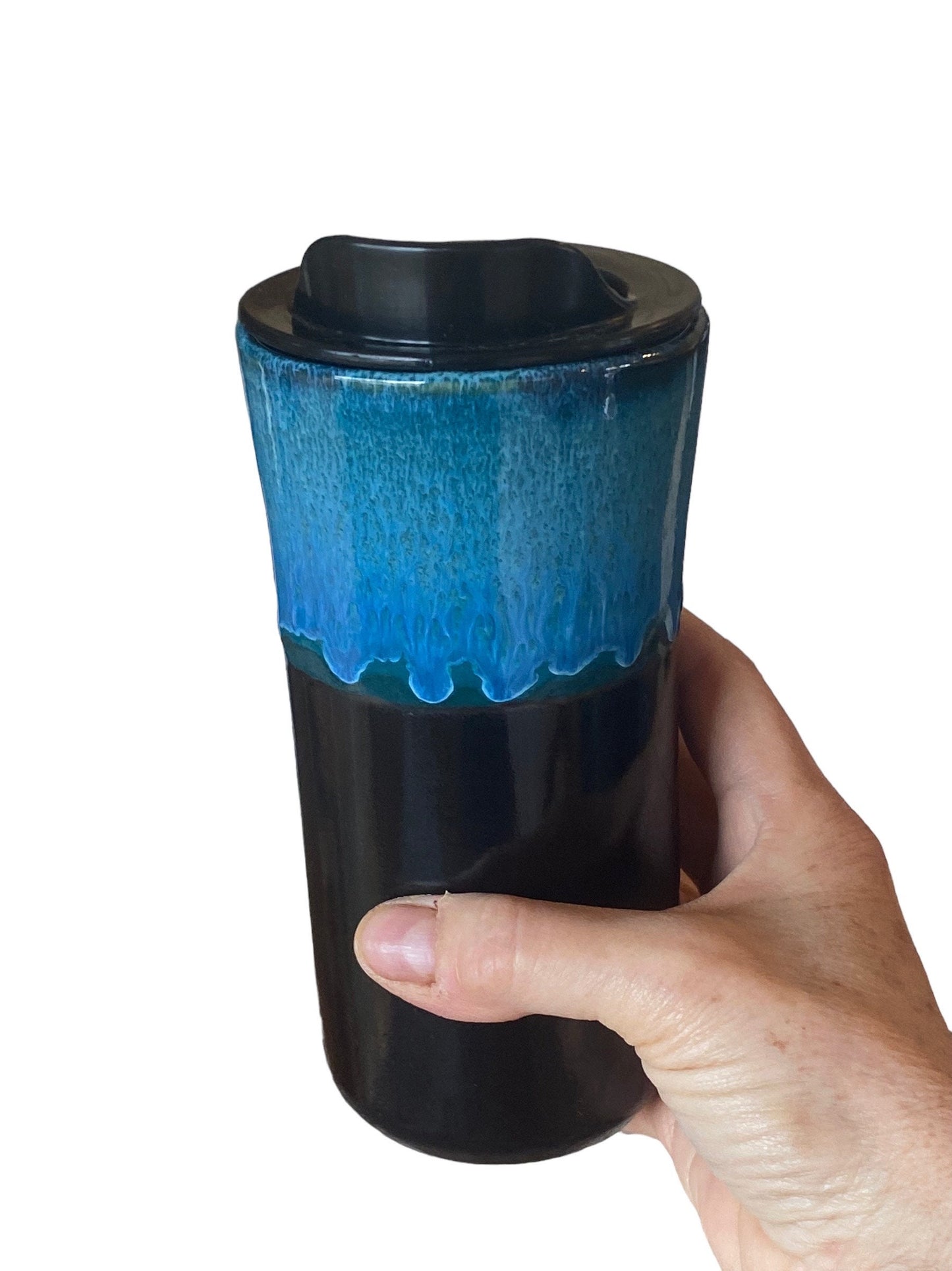 Handmade 16-Ounce Waterfall Turquoise and Black Travel Mug - To Go Mug With Locking Lid