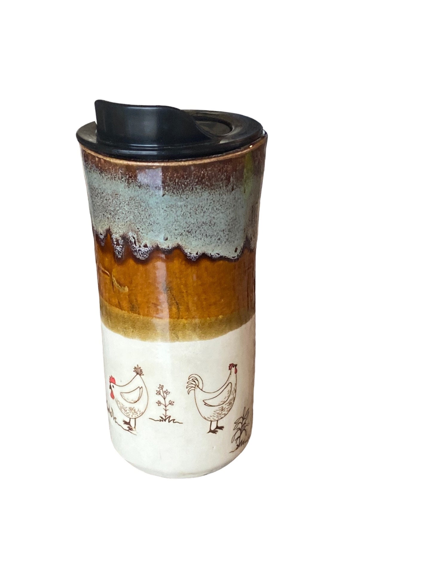 Handmade Hand PaintedTravel Mug- Chickens - Travel Mug - Pottery Mug - Coffee Mug
