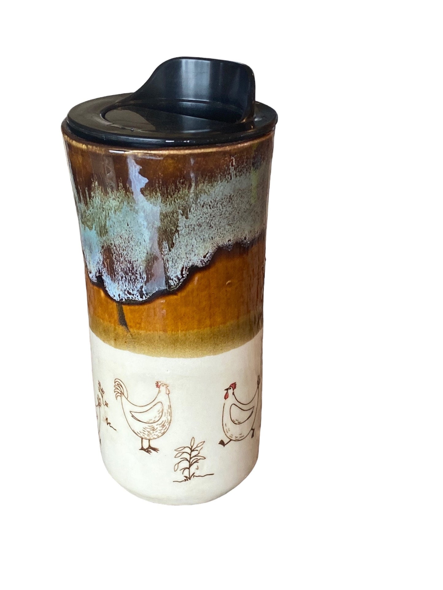 Handmade Hand PaintedTravel Mug- Chickens - Travel Mug - Pottery Mug - Coffee Mug
