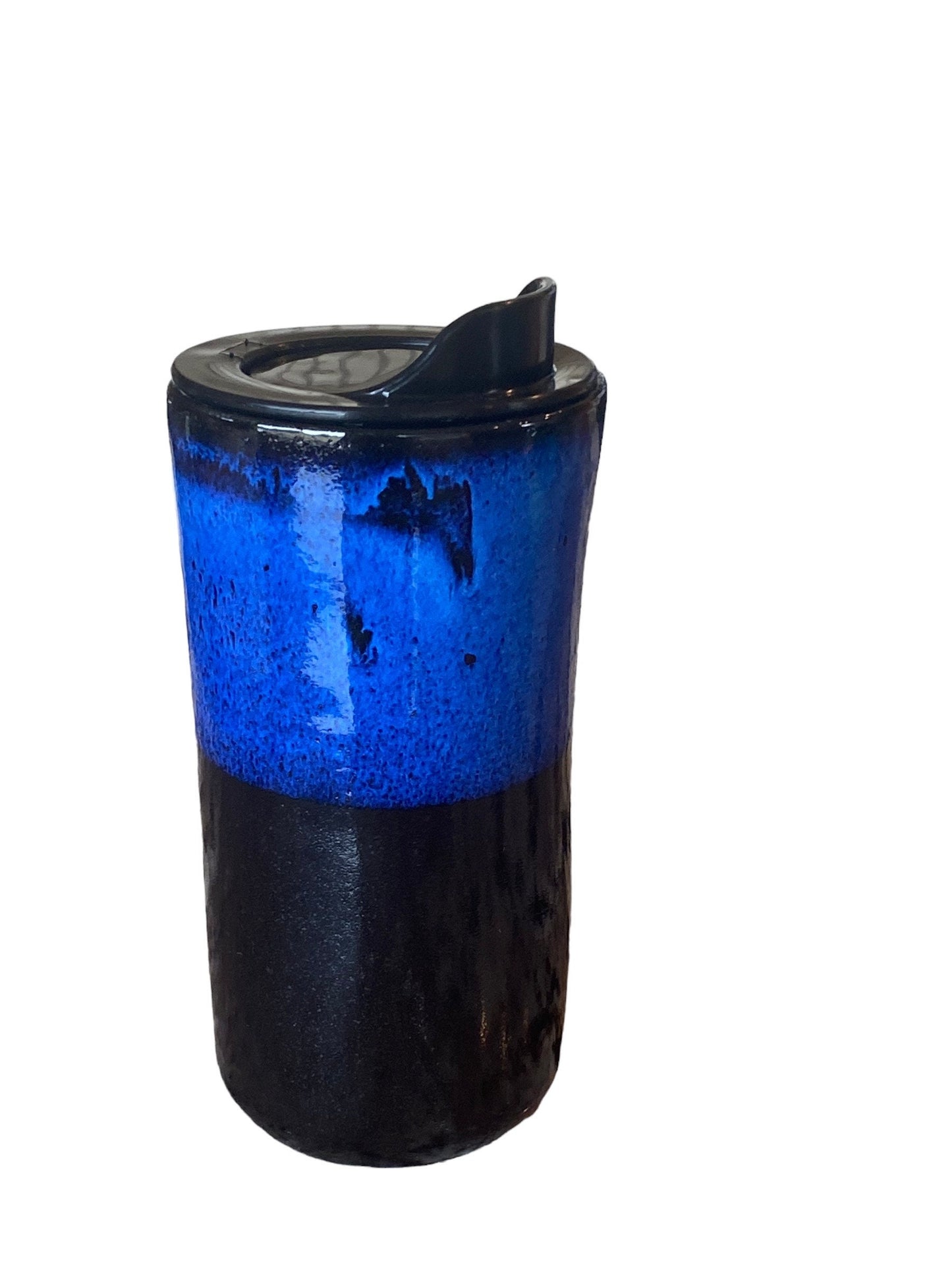 Handmade 16-Ounce Travel Mug In Gloss Black and Electric Blue Glaze With Locking Lid