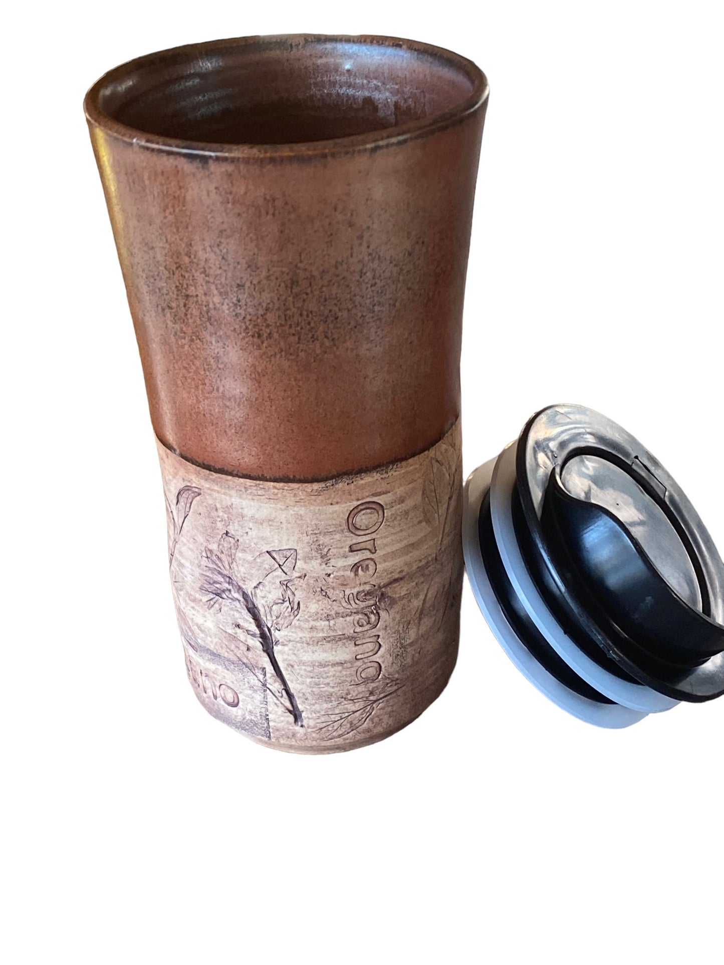 Herb-Themed Handmade Pottery Travel Mug with Locking Lid - Ceramic To-Go Coffee Cup for Secure and Natural Enjoyment on the Move