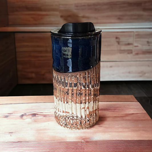 Handmade Heavily Fluted Agateware Travel Mug with Sapphire Blue Glaze - Includes Locking Lid and Sleeve for Stylish and Secure Travel