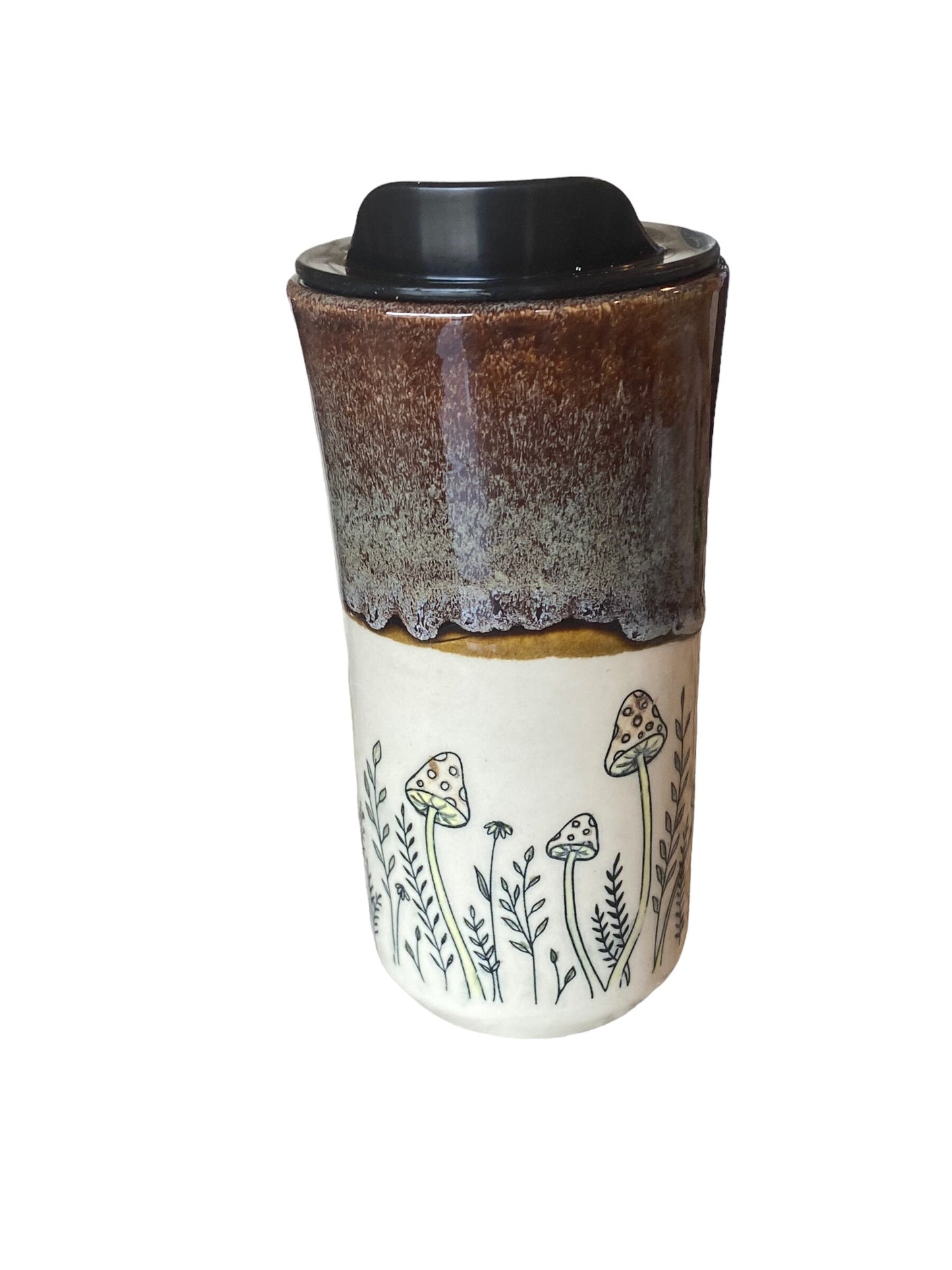 Handmade 16-Ounce Travel Mug with Locking Lid - Whimsically Embellished with Mushrooms for a Unique On-the-Go Experience