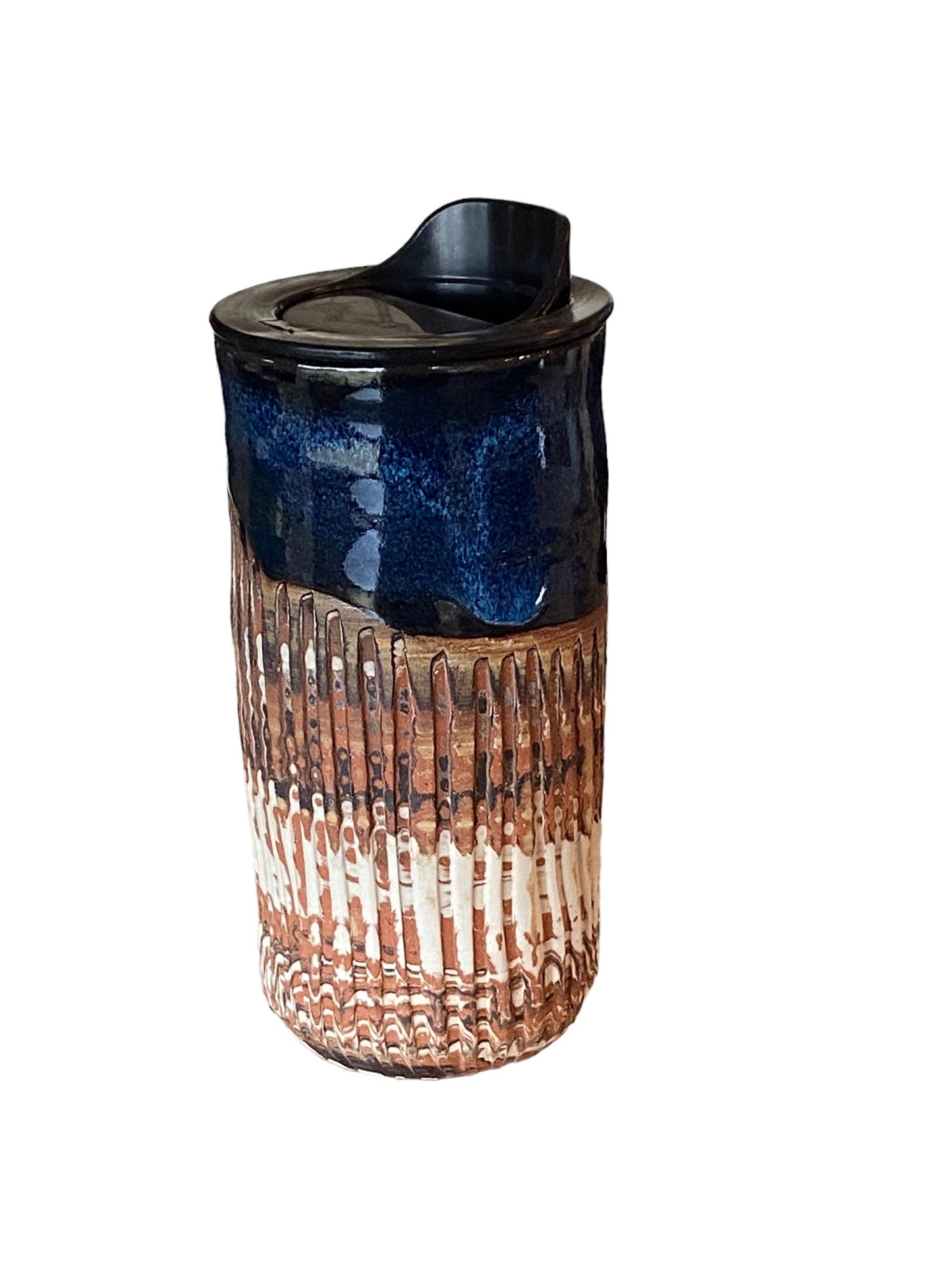 Handmade Heavily Fluted Agateware Travel Mug with Sapphire Blue Glaze - Includes Locking Lid and Sleeve for Stylish and Secure Travel