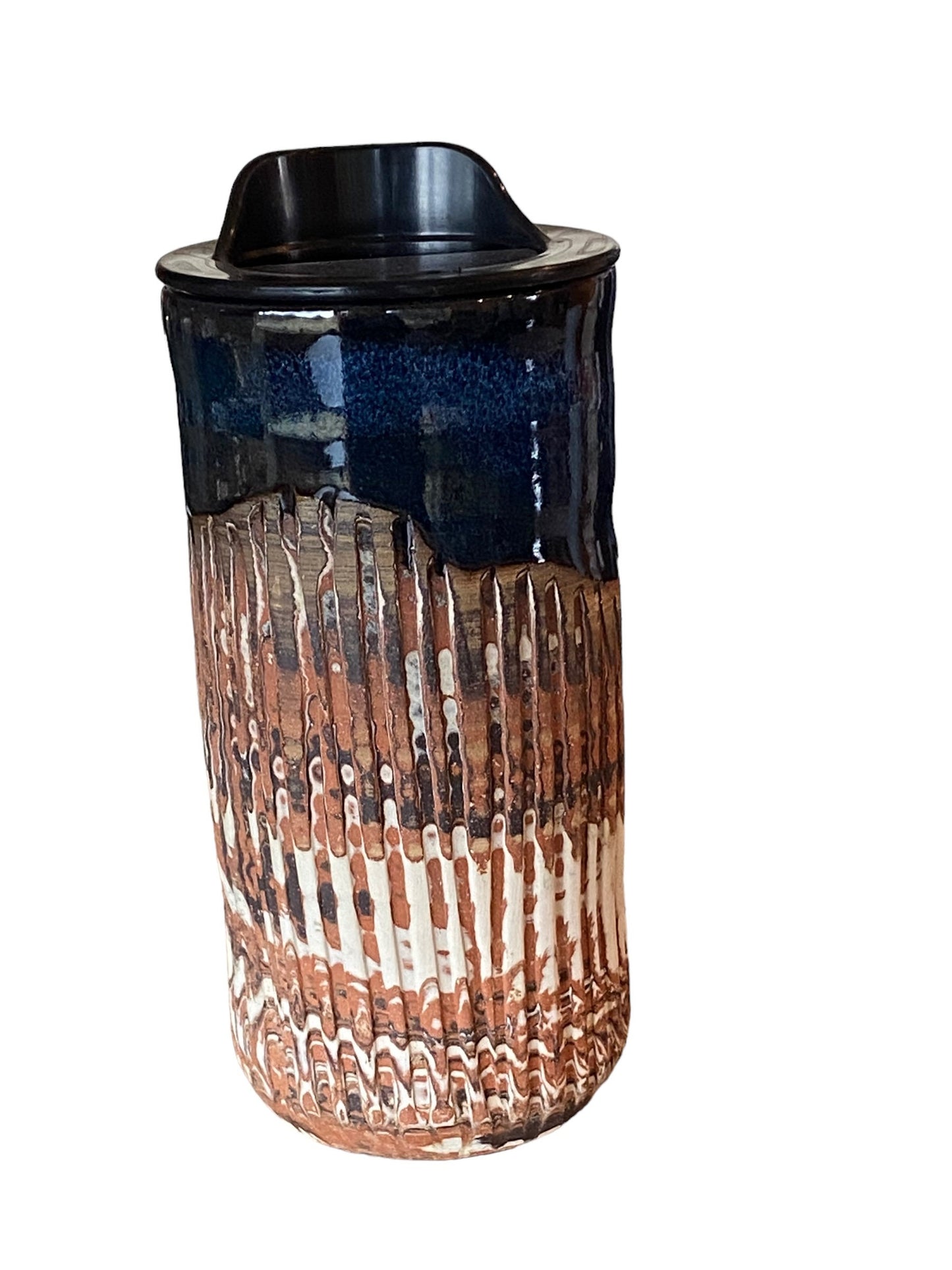 Handmade Heavily Fluted Agateware Travel Mug with Sapphire Blue Glaze - Includes Locking Lid and Sleeve for Stylish and Secure Travel