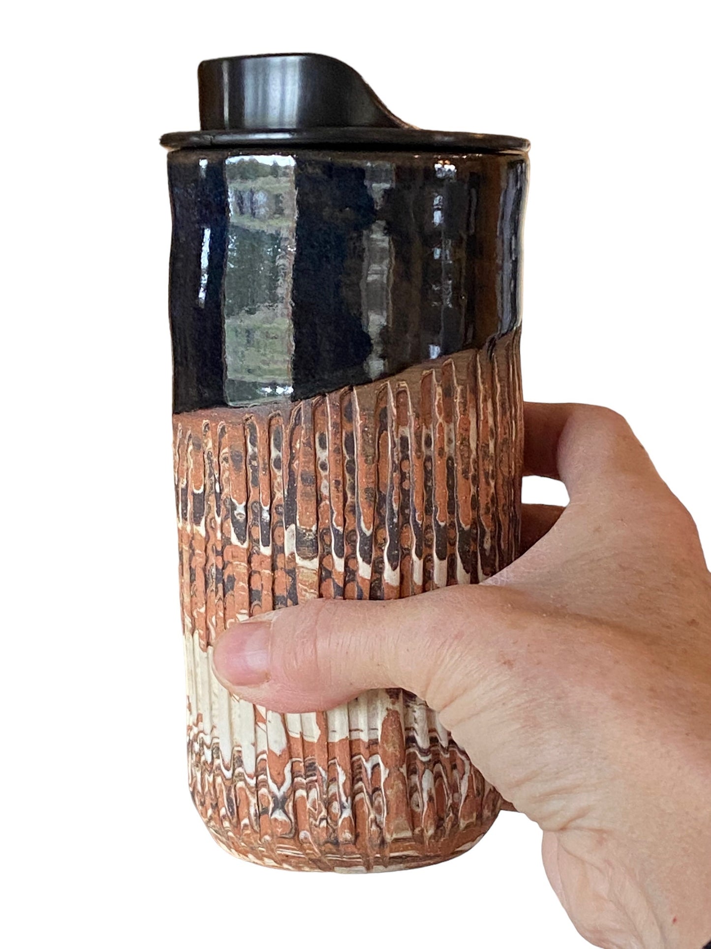 Handmade Heavily Fluted Agateware Travel Mug with Sapphire Blue Glaze - Includes Locking Lid and Sleeve for Stylish and Secure Travel