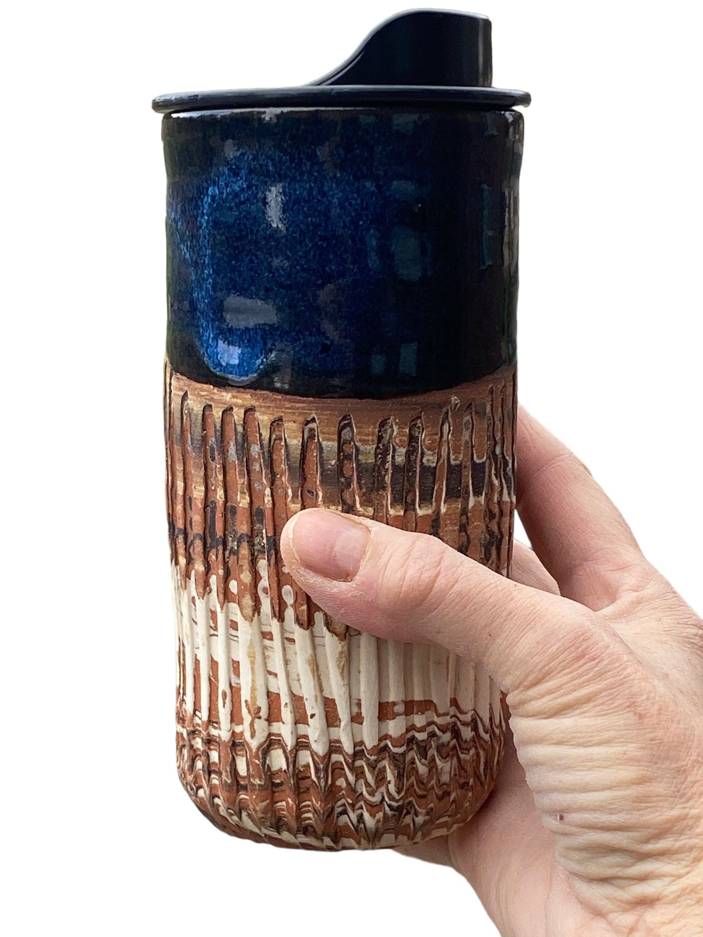 Handmade Heavily Fluted Agateware Travel Mug with Sapphire Blue Glaze - Includes Locking Lid and Sleeve for Stylish and Secure Travel