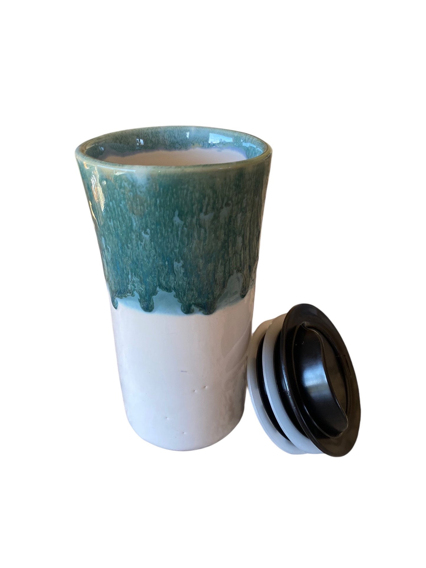 Handmade Travel Mug With Reactive Turquoise and Gloss White Glaze - Pottery Mug -  Coffee Mug