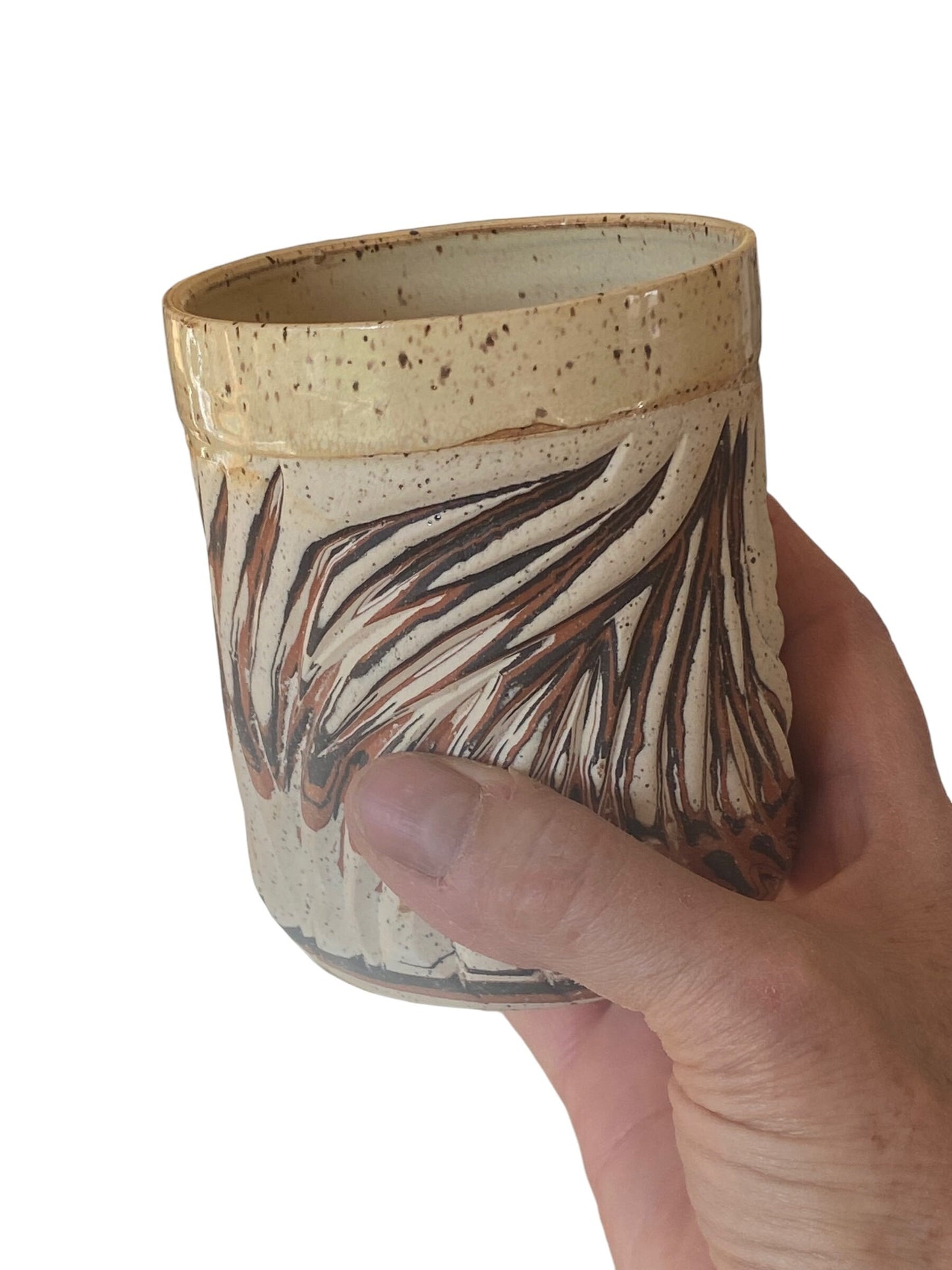 Unique Handless Agateware Pottery Mug: Artisan-Crafted Elegance for Your Daily Brew