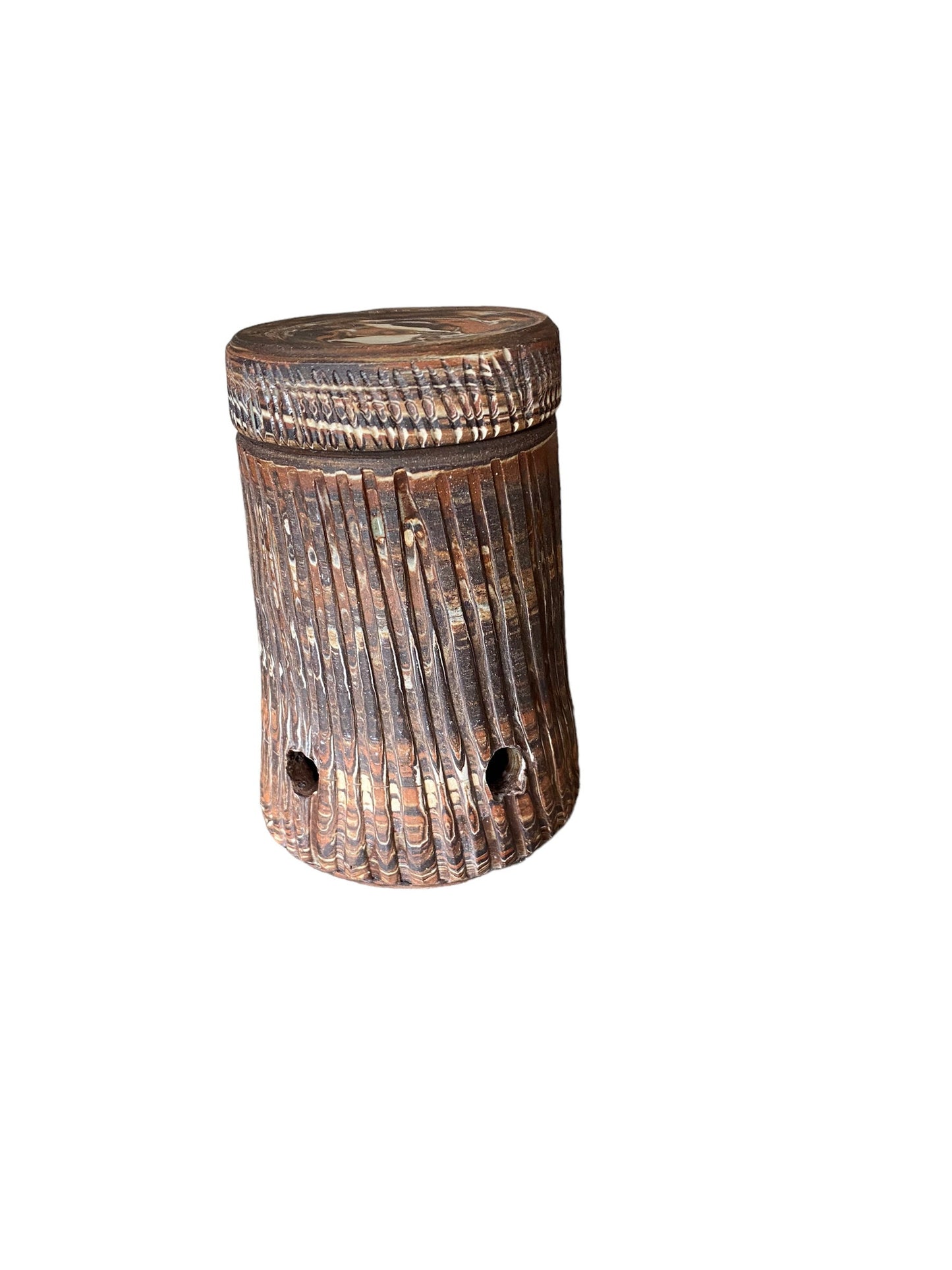 Handcrafted Fluted Agateware Stoneware Garlic Keeper: Stylish Kitchen Storage Pottery Container