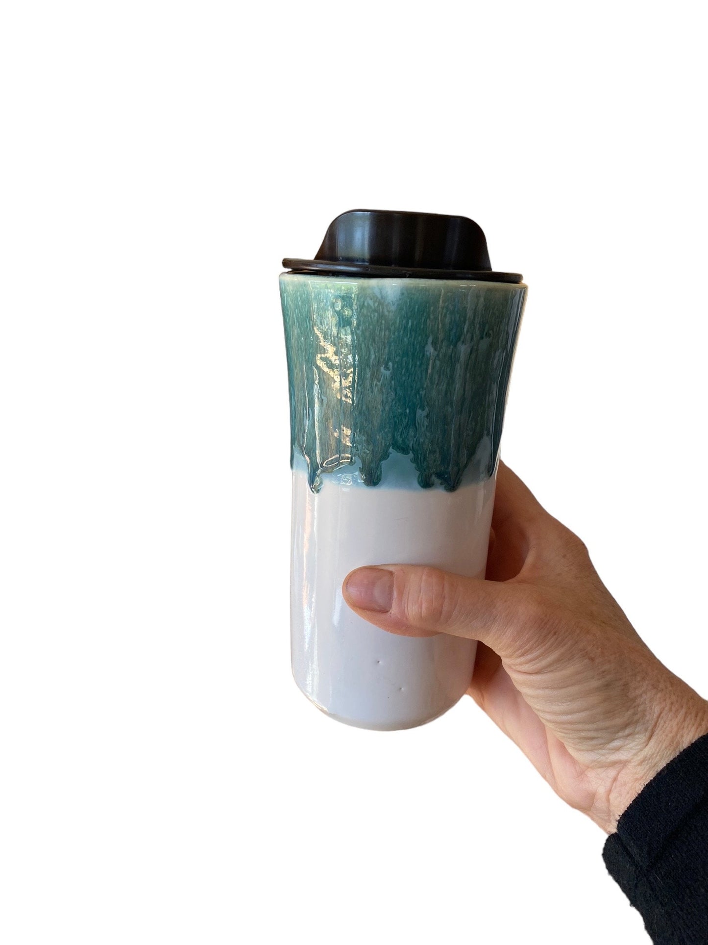 Handmade Travel Mug With Reactive Turquoise and Gloss White Glaze - Pottery Mug -  Coffee Mug
