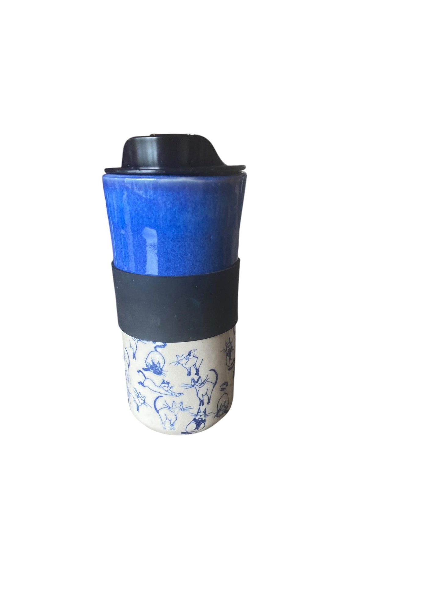 Handmade Blue Travel Mug Embellished with Cats -  Travel Coffee Cup - Porcelain Travel Mug - Pottery Mug -  Coffee Mug