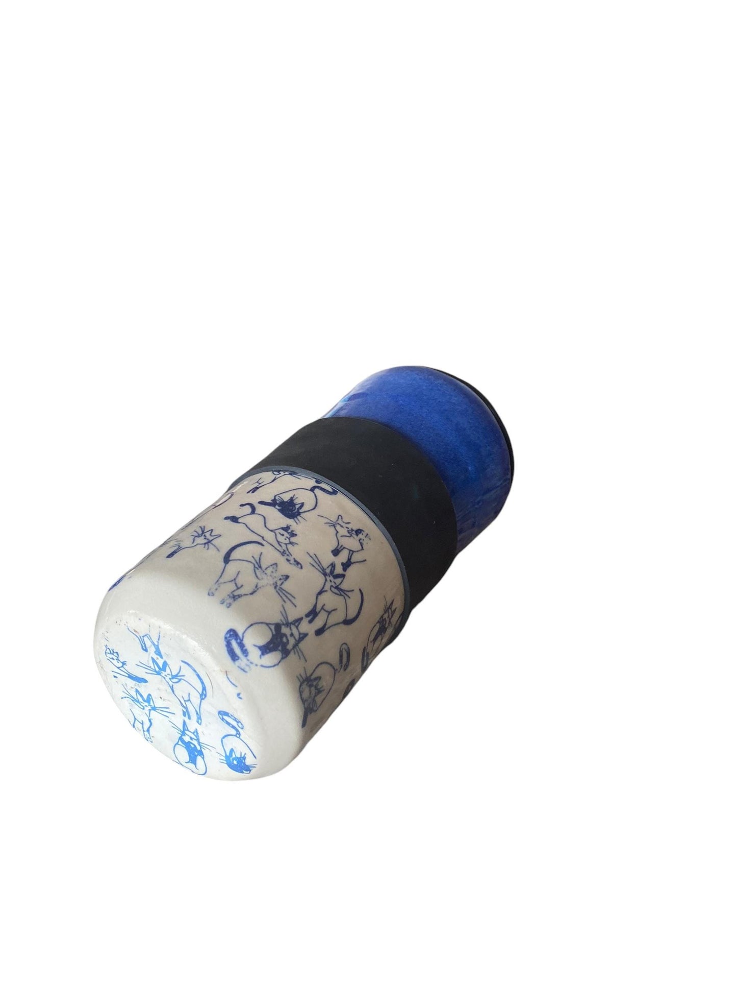 Handmade Blue Travel Mug Embellished with Cats -  Travel Coffee Cup - Porcelain Travel Mug - Pottery Mug -  Coffee Mug