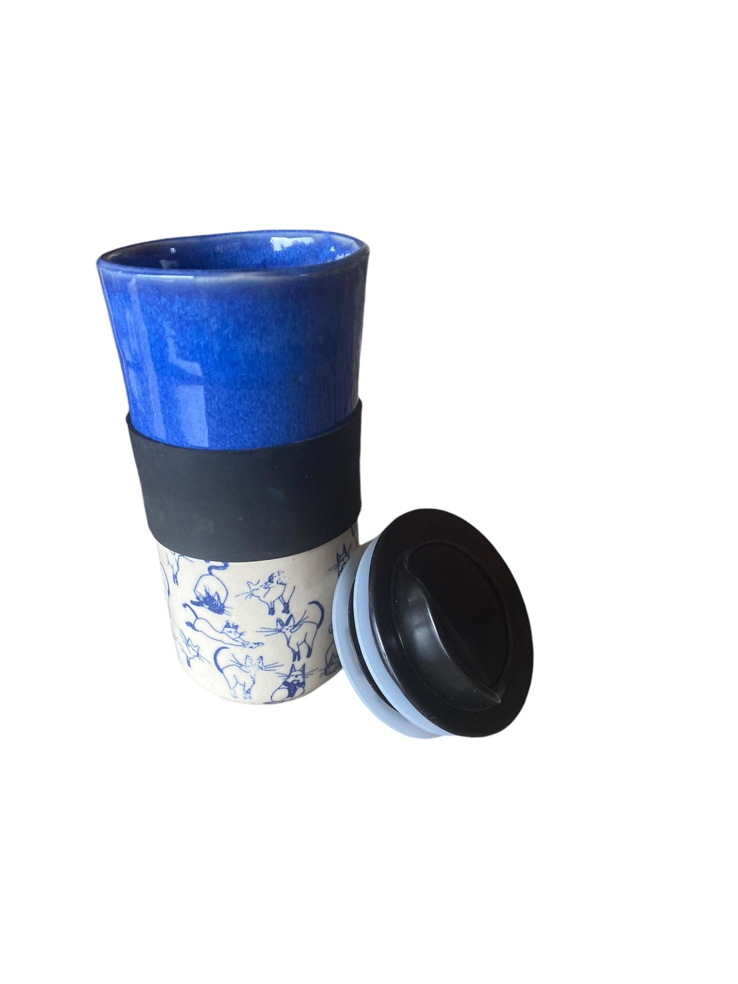Handmade Blue Travel Mug Embellished with Cats -  Travel Coffee Cup - Porcelain Travel Mug - Pottery Mug -  Coffee Mug