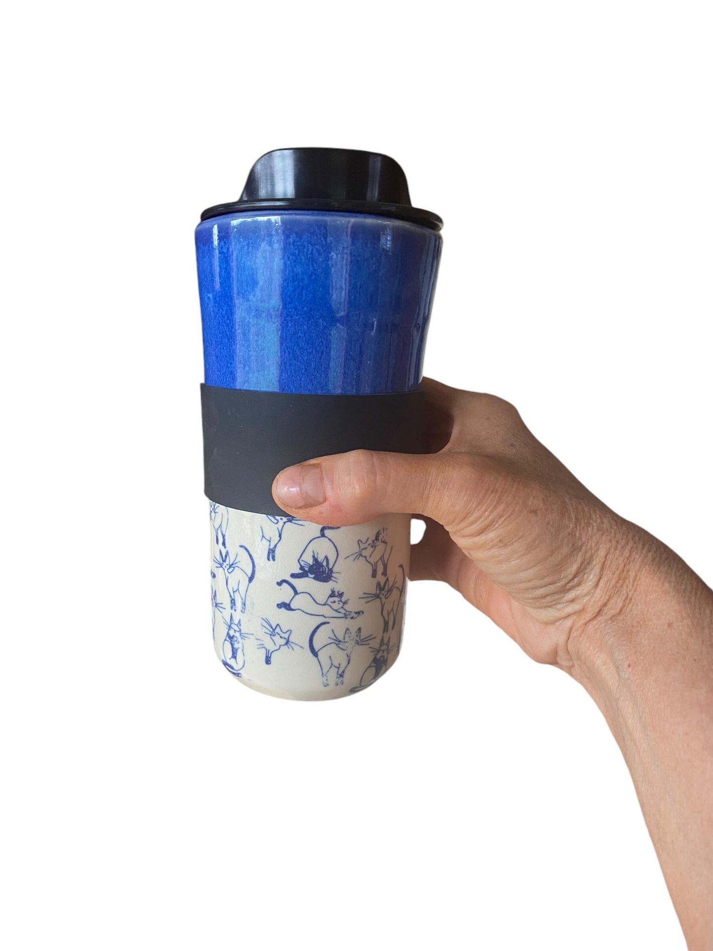 Handmade Blue Travel Mug Embellished with Cats -  Travel Coffee Cup - Porcelain Travel Mug - Pottery Mug -  Coffee Mug