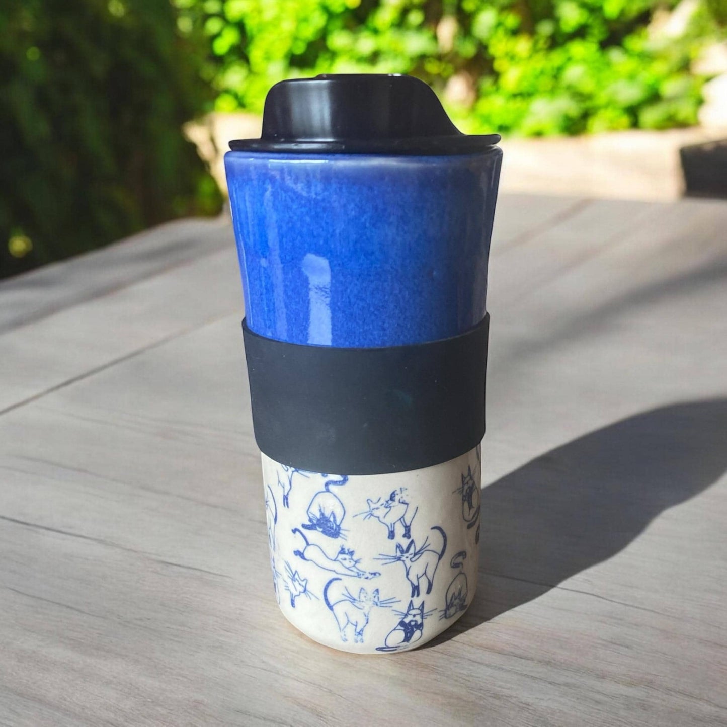 Handmade Blue Travel Mug Embellished with Cats -  Travel Coffee Cup - Porcelain Travel Mug - Pottery Mug -  Coffee Mug