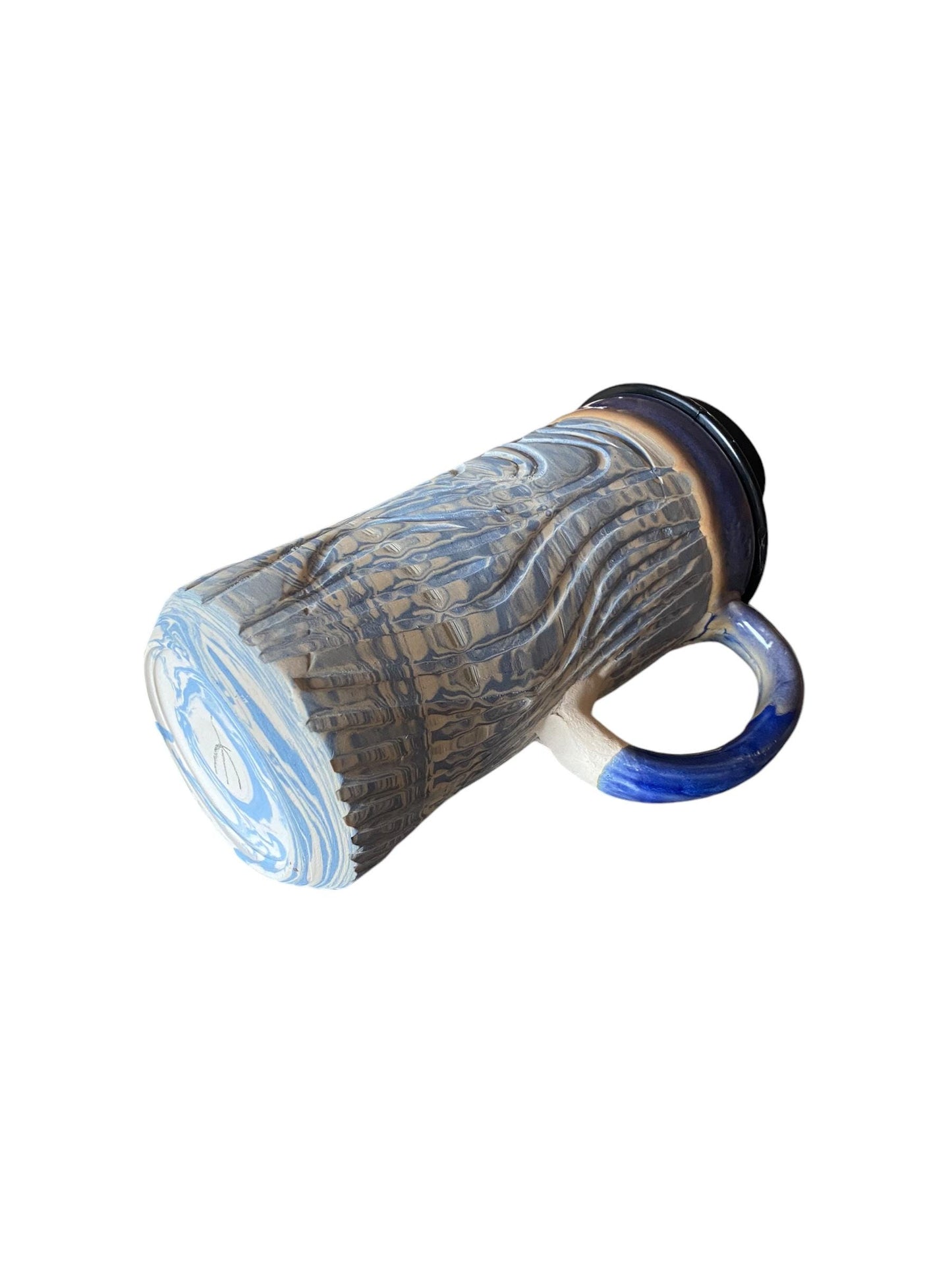 Blue and White Heavily Fluted Agateware Handmade 16-Ounce Travel Mug - Stylish Pottery with Locking Lid for Your On-the-Go Sips