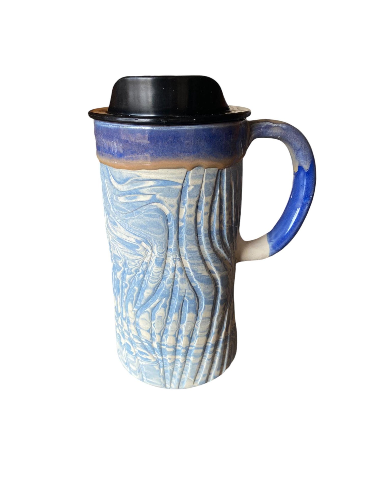 Blue and White Heavily Fluted Agateware Handmade 16-Ounce Travel Mug - Stylish Pottery with Locking Lid for Your On-the-Go Sips