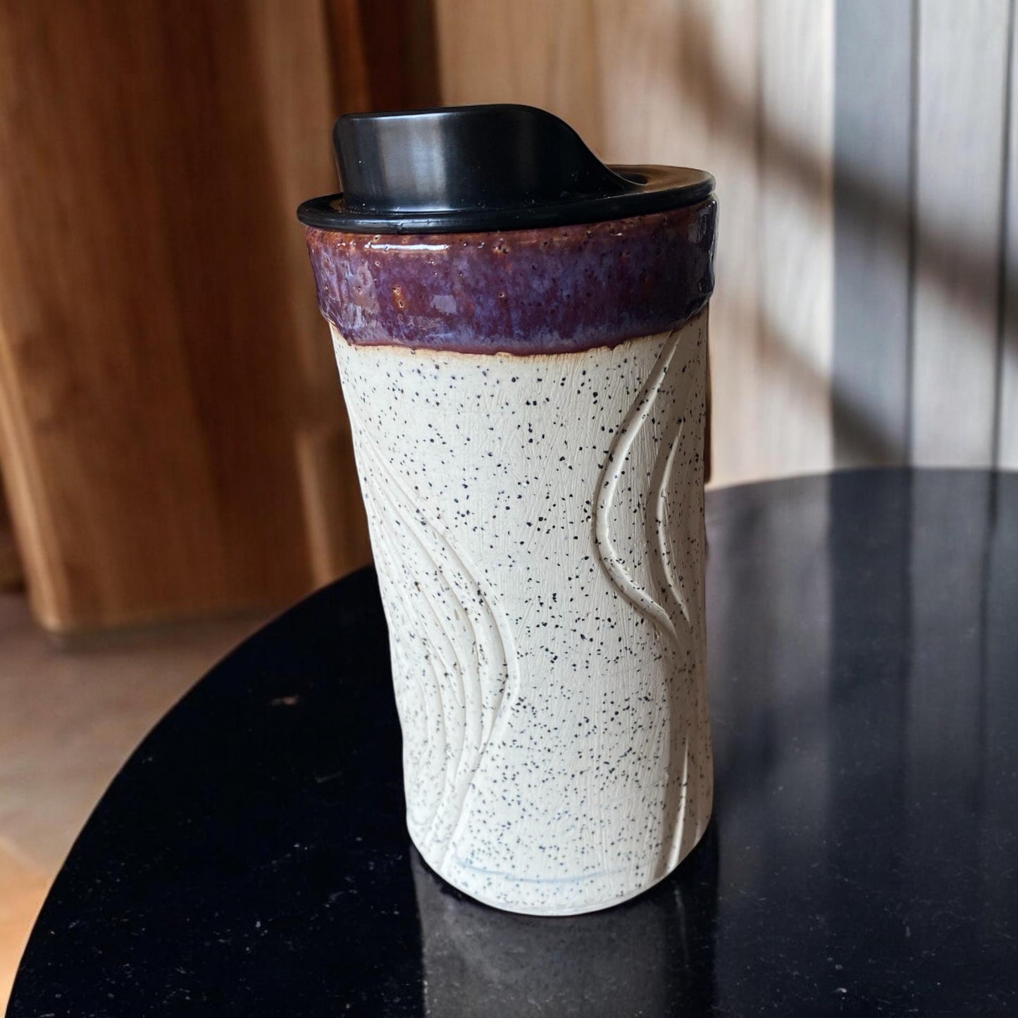 Handmade 16 Ounce Agateware Travel Mug With Reactive Purple Glaze - Agateware -  Travel Coffee Cup -  Travel Mug - Pottery Mug - Coffee Mug