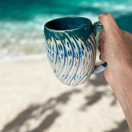 Handcrafted 16oz Turquoise Agateware Mug - Unique Carved Pottery for Coffee & Tea Lovers
