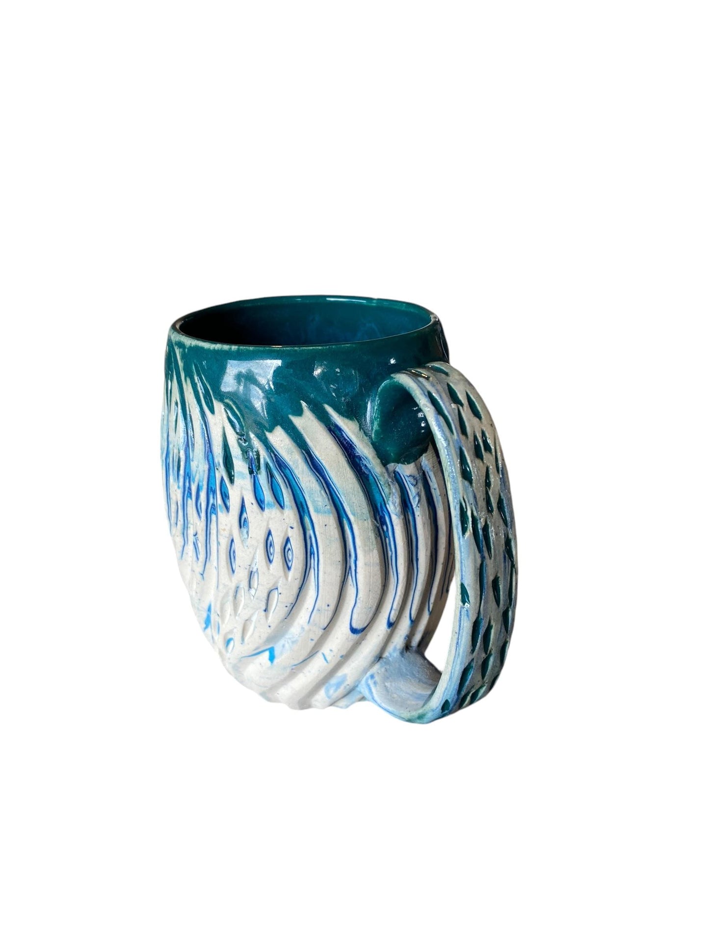 Handcrafted 16oz Turquoise Agateware Mug - Unique Carved Pottery for Coffee & Tea Lovers
