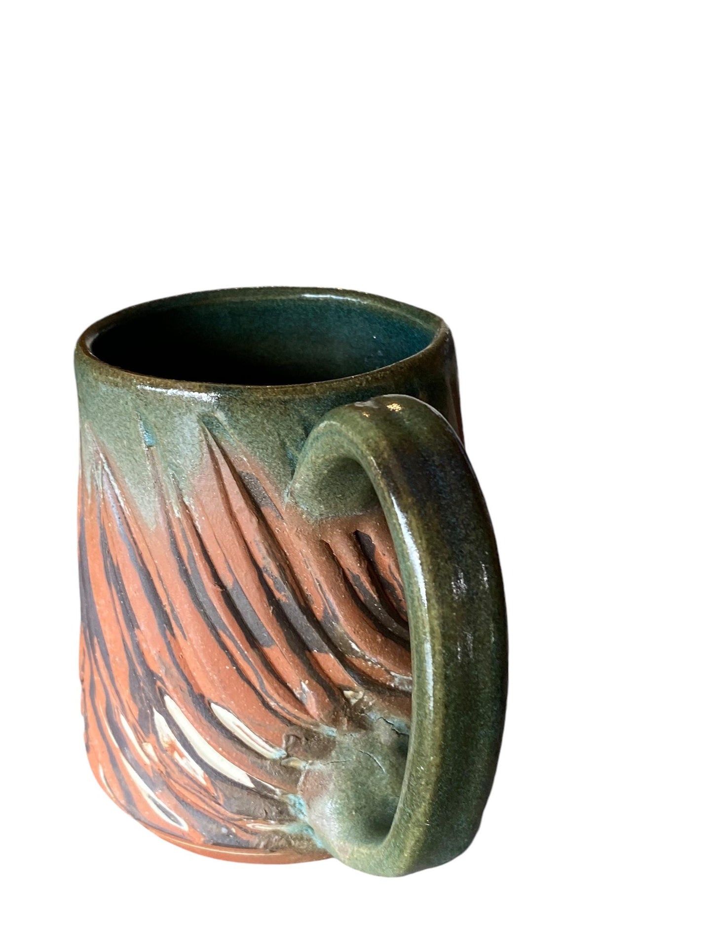 Artisanal Carved Agateware Coffee Mug: Sage Glazed Stoneware Pottery Handcrafted Tea Cup