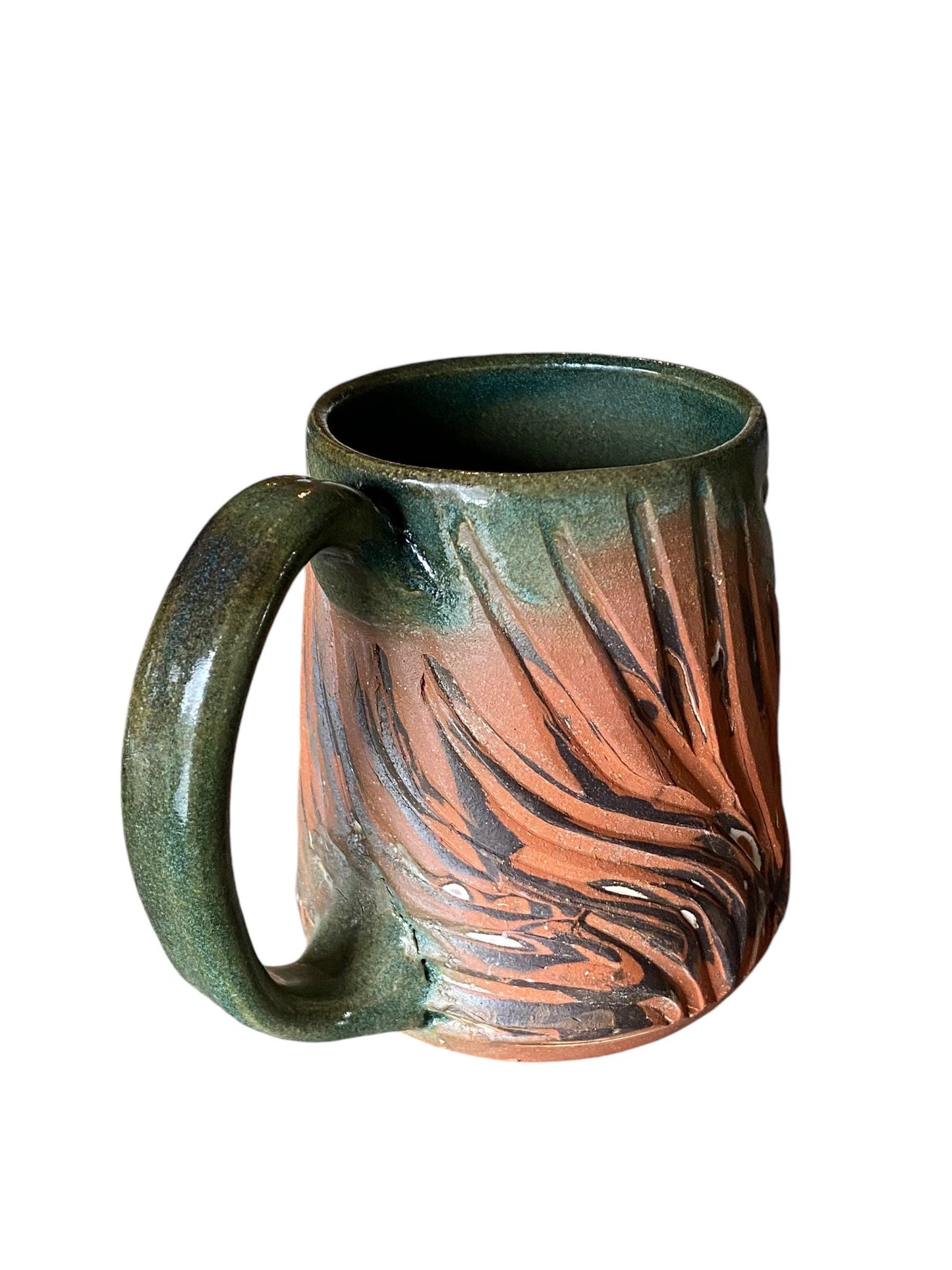 Artisanal Carved Agateware Coffee Mug: Sage Glazed Stoneware Pottery Handcrafted Tea Cup