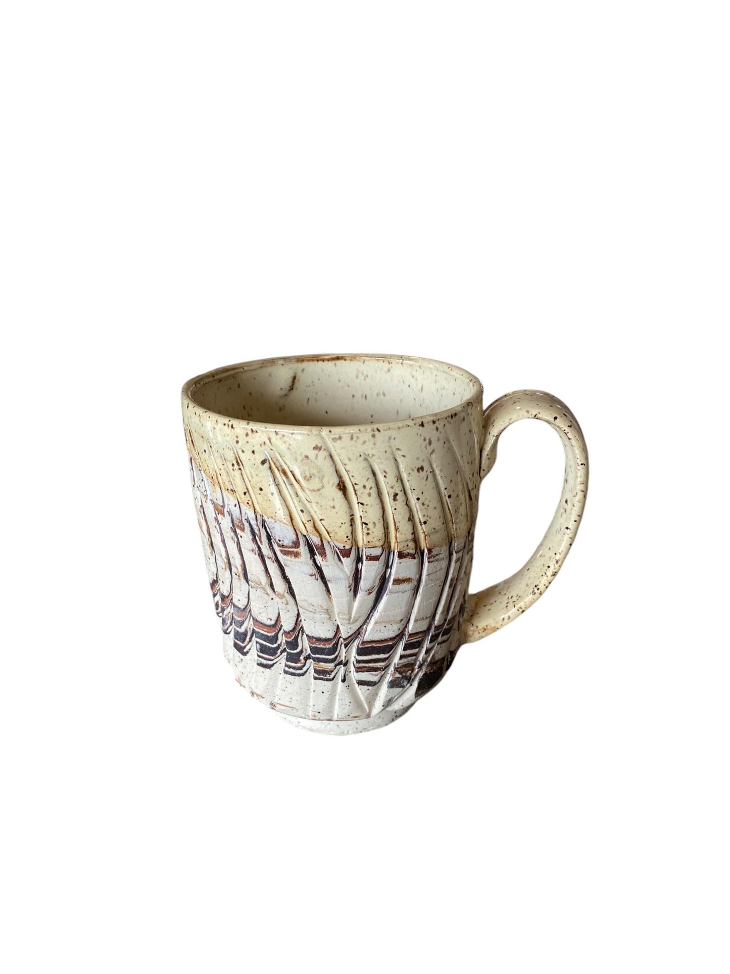 Carved Agateware Coffee Mug: Red, Black, and White Stoneware