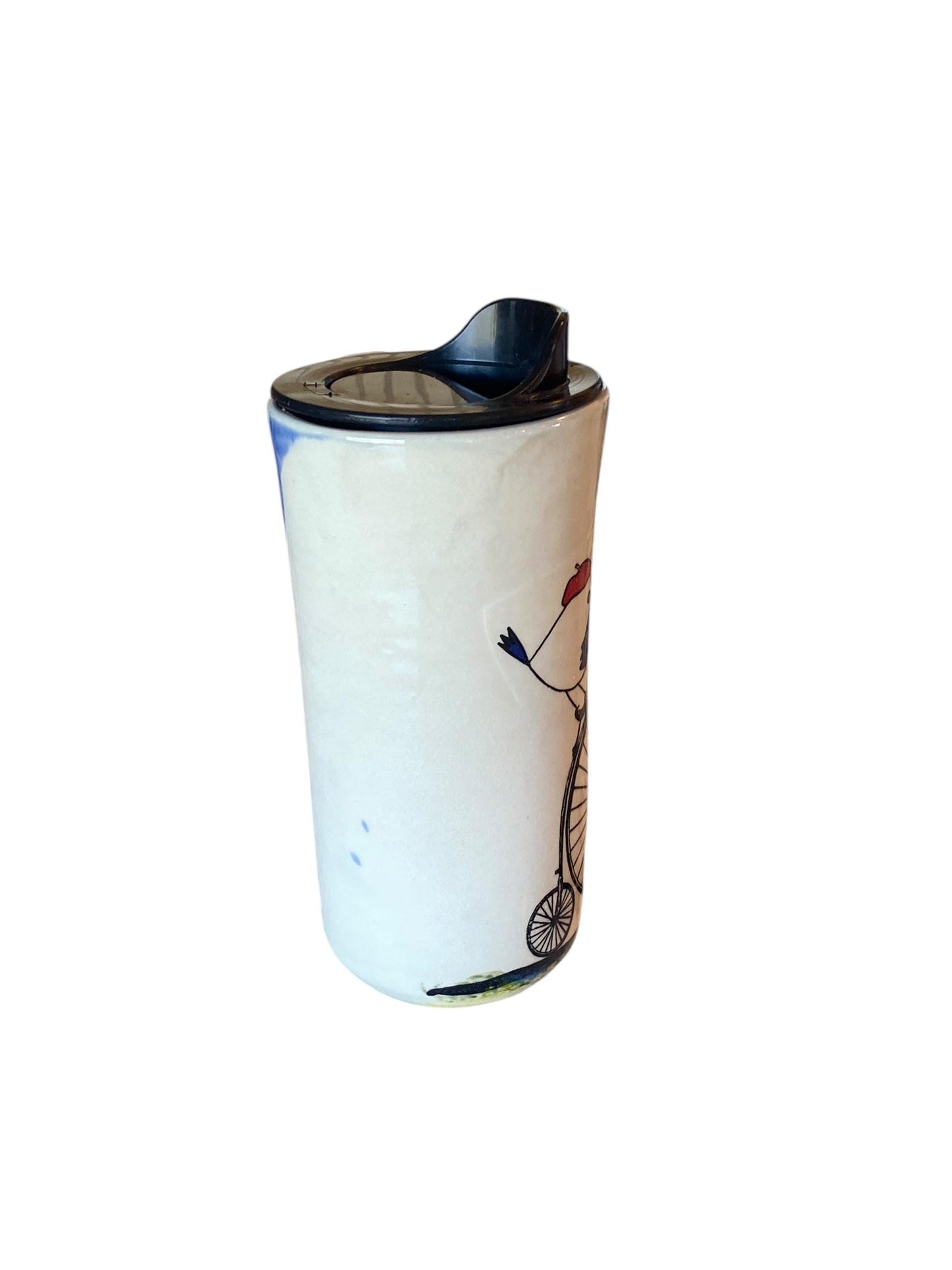 16 Ounce Travel Mug with Locking Lid Embellished with a French Bird on a Bike