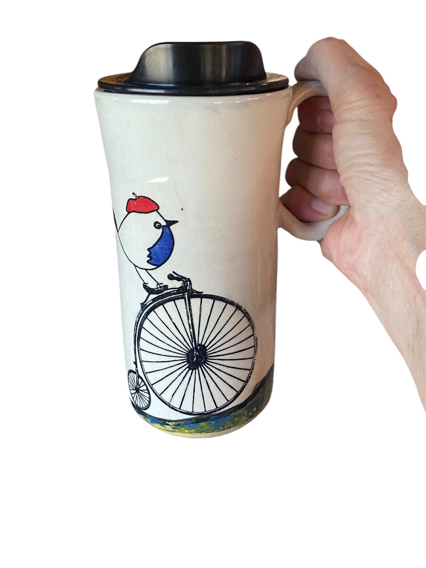 16 Ounce Travel Mug with Locking Lid Embellished with a French Bird on a Bike
