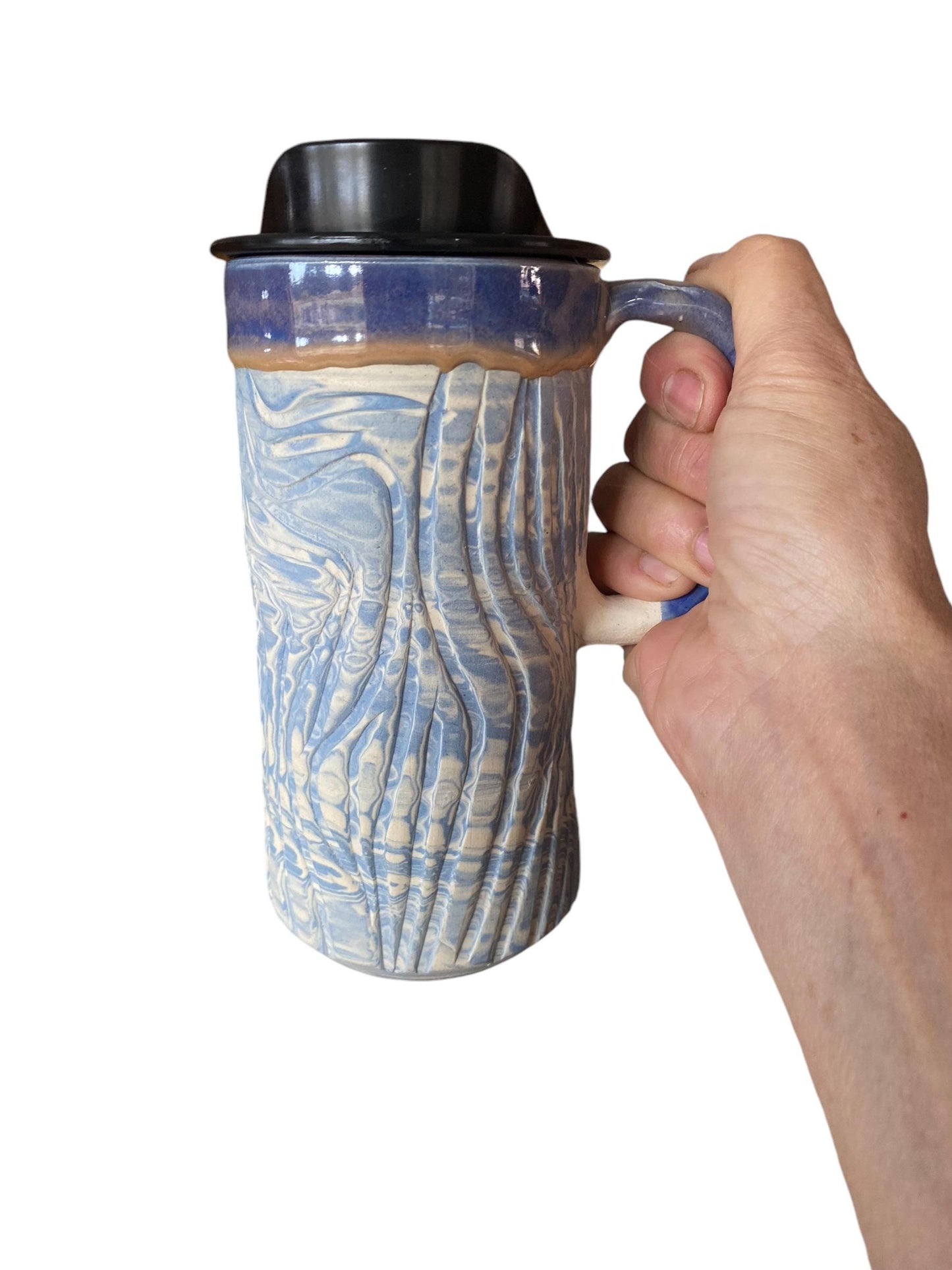 Blue and White Heavily Fluted Agateware Handmade 16-Ounce Travel Mug - Stylish Pottery with Locking Lid for Your On-the-Go Sips