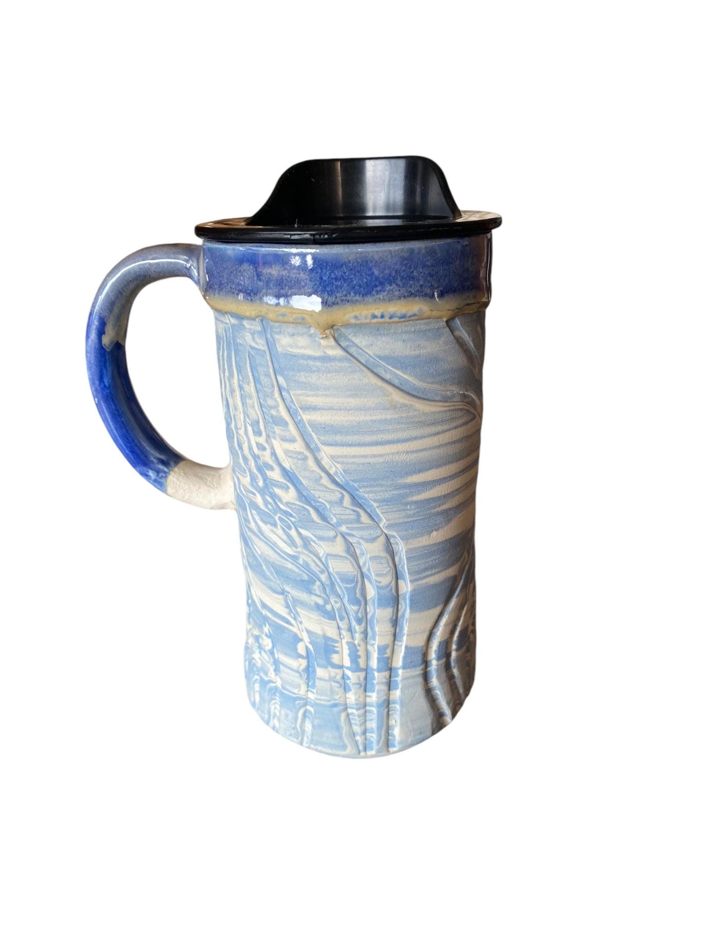 Blue and White Heavily Fluted Agateware Handmade 16-Ounce Travel Mug - Stylish Pottery with Locking Lid for Your On-the-Go Sips