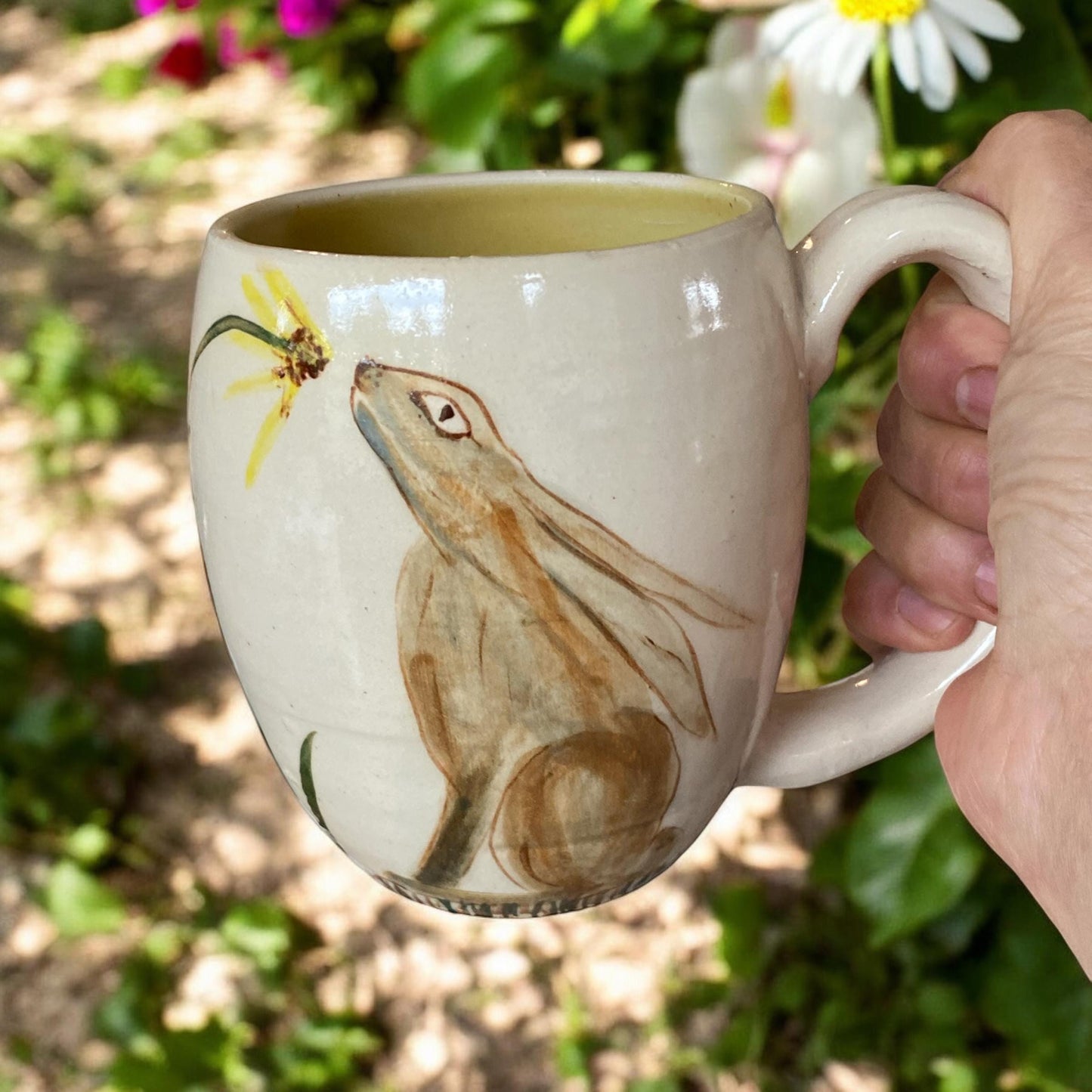 Large Handmade Mug with Hare in Wild Flowers - 18 ounce - Unique Pottery Coffee Mug