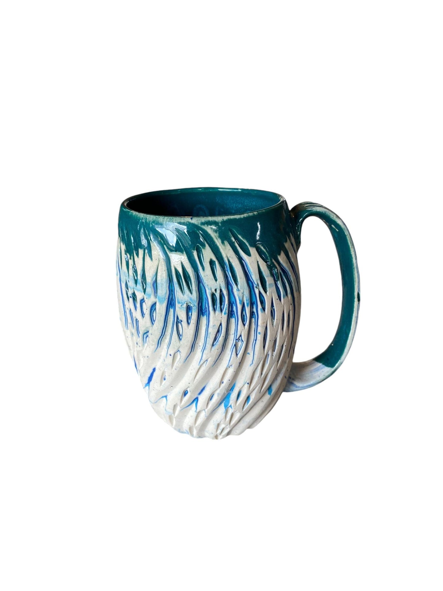 Handcrafted 16oz Turquoise Agateware Mug - Unique Carved Pottery for Coffee & Tea Lovers