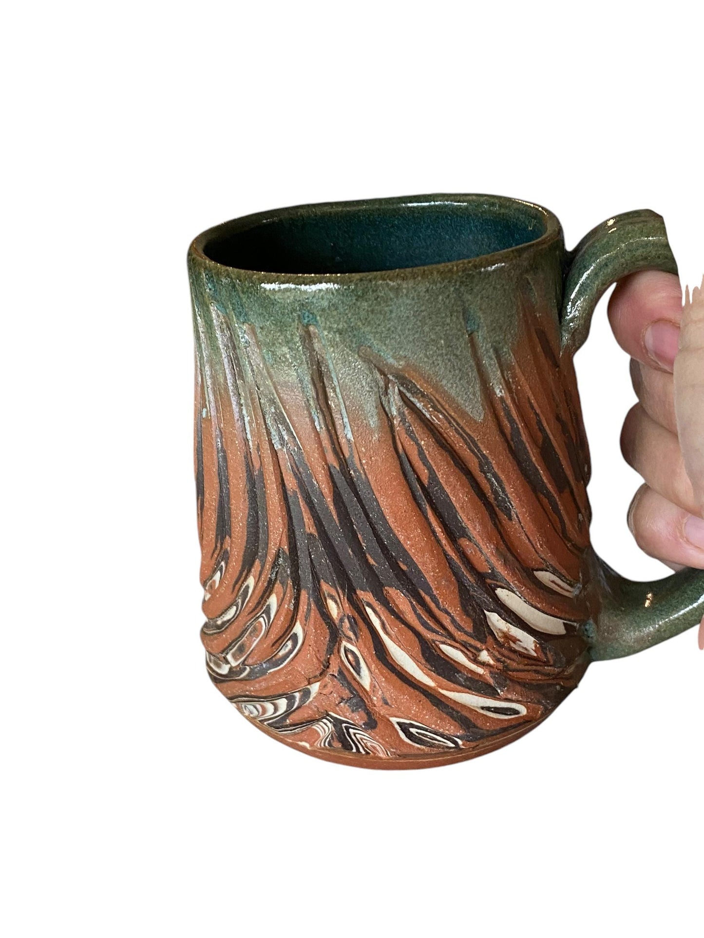 Artisanal Carved Agateware Coffee Mug: Sage Glazed Stoneware Pottery Handcrafted Tea Cup