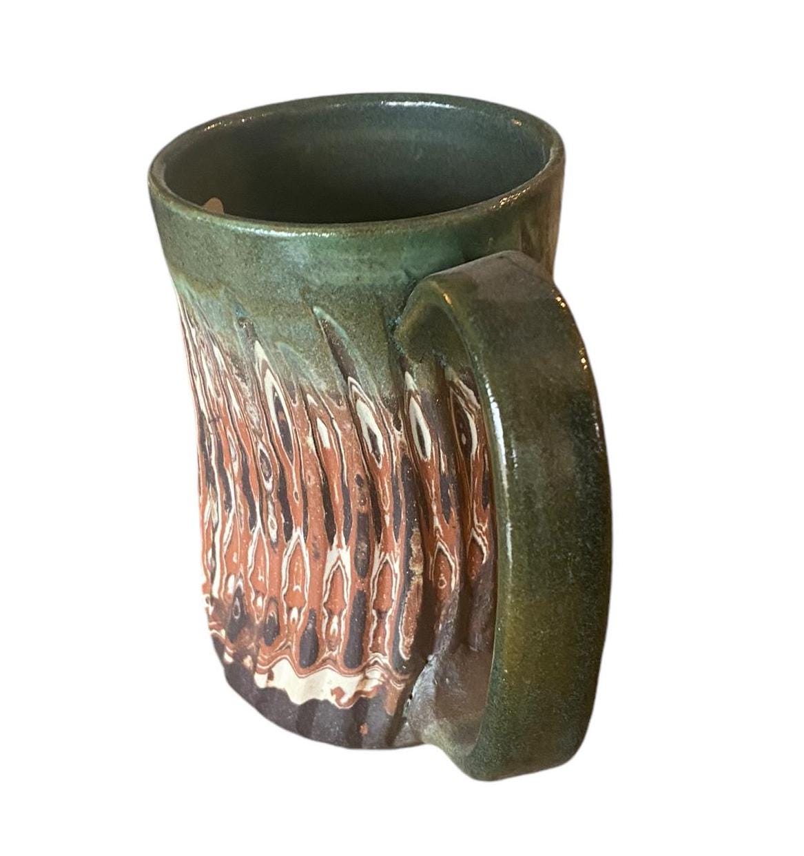 Handmade Agateware 14-Ounce Coffee Mug: Carved Stoneware with Sage Glaze (C-37)
