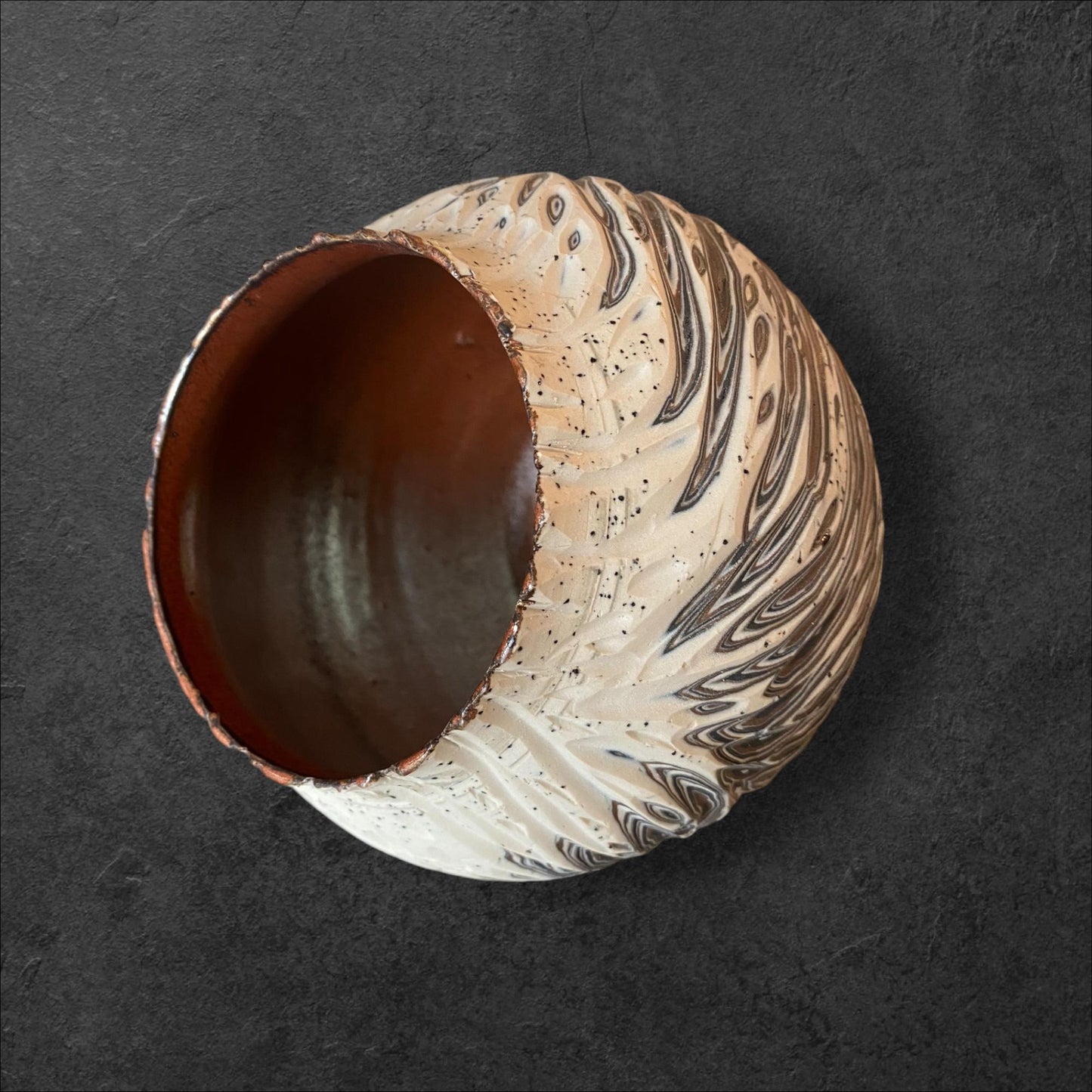 Large Hand-Thrown Carved Agateware Vase - Glazed in Copper