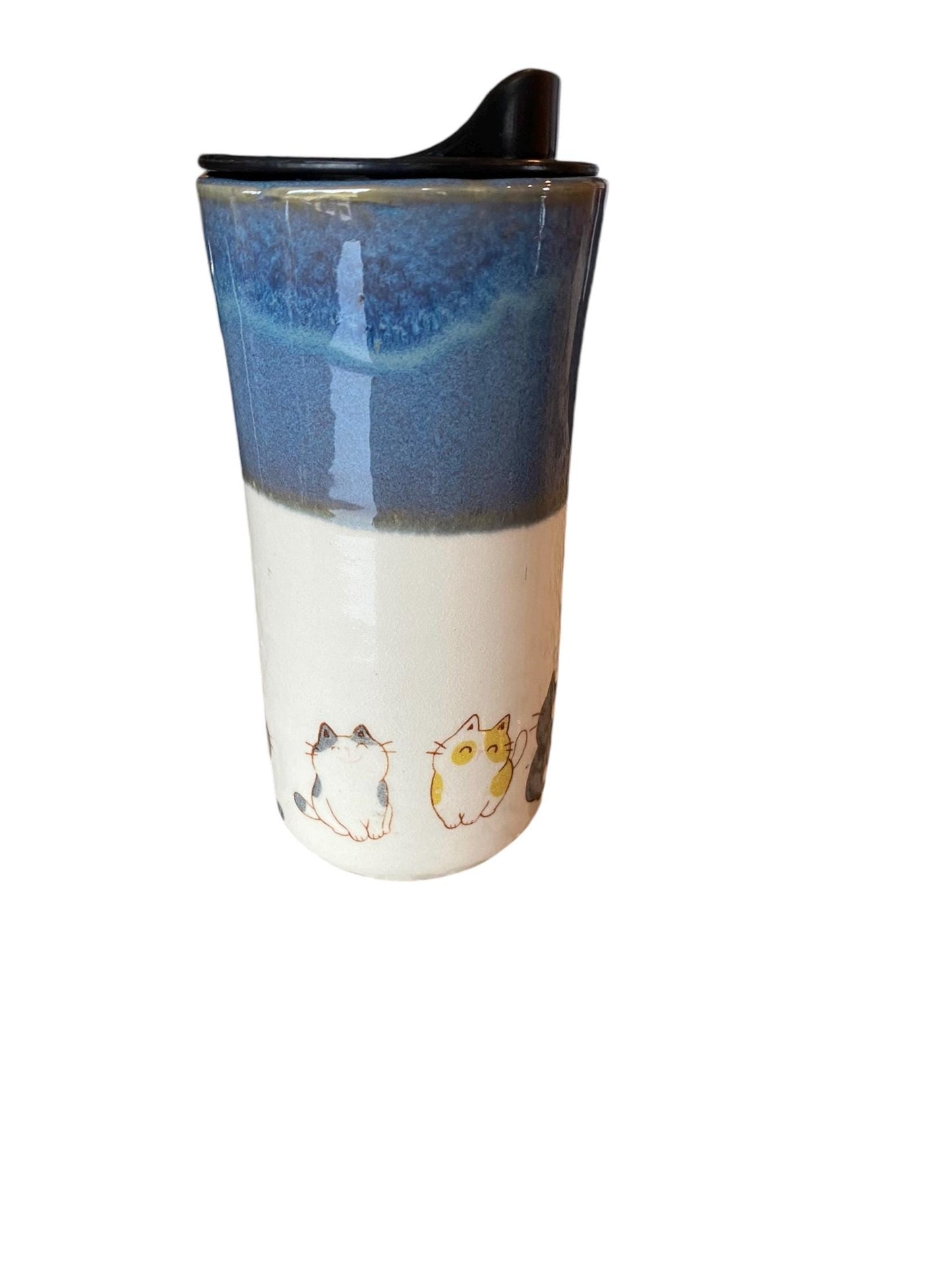 Handmade Travel Mug Embellished with Silly Cats - To Go Travel Coffee Cup