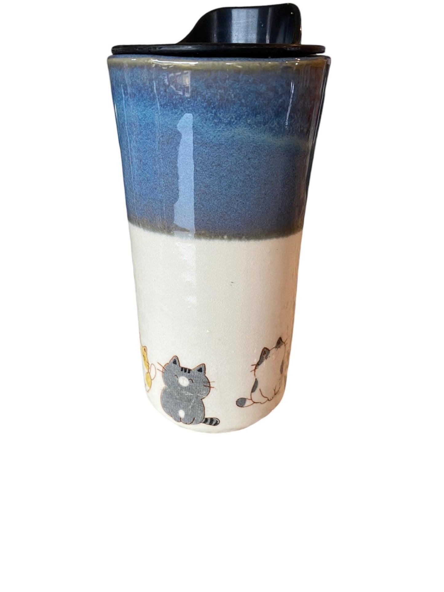 Handmade Travel Mug Embellished with Silly Cats - To Go Travel Coffee Cup