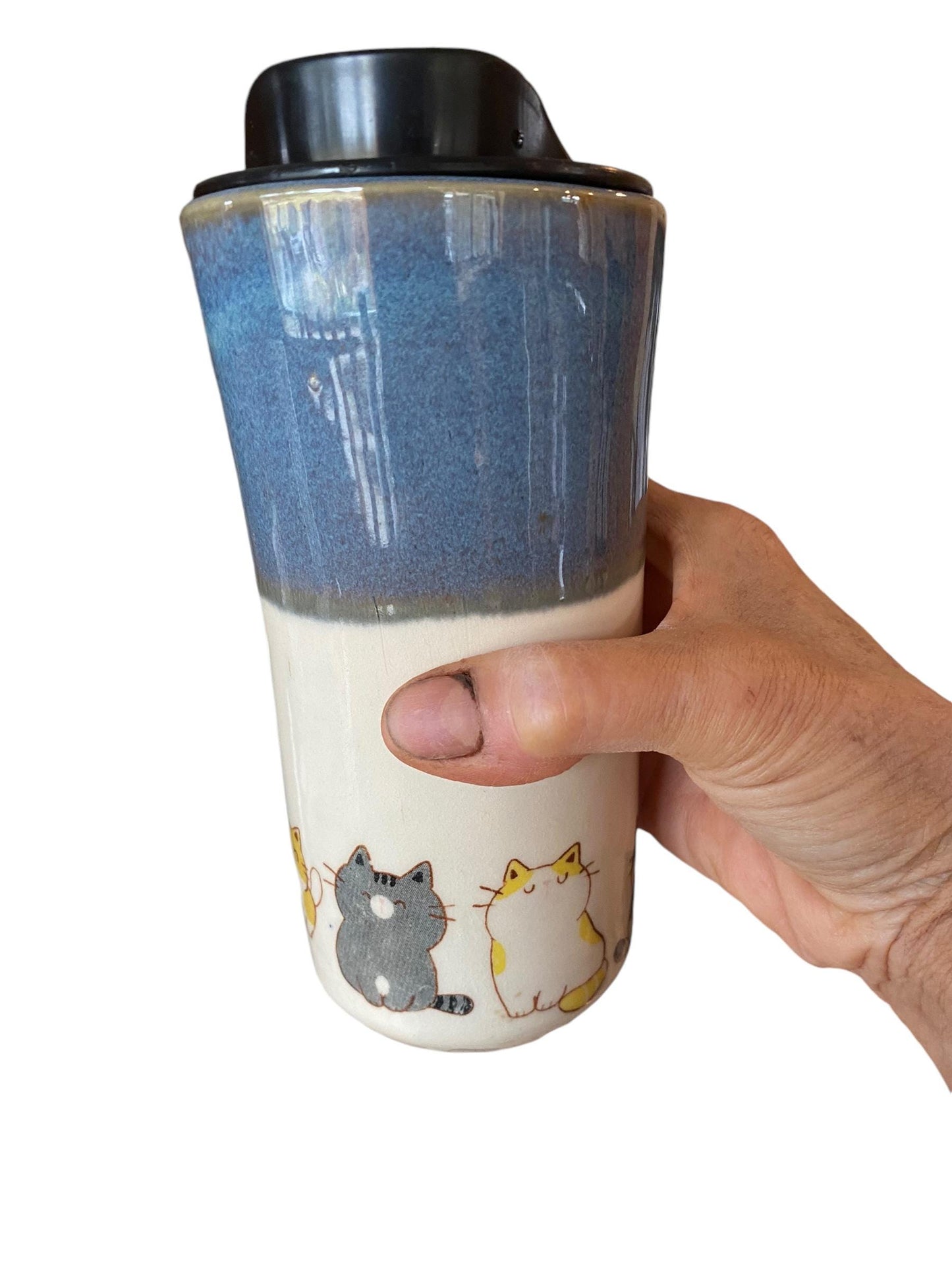 Handmade Travel Mug Embellished with Silly Cats - To Go Travel Coffee Cup